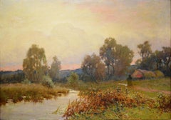 Antique Victorian Countryside Oil Landscape Sunset on River Scene 1890s Signed
