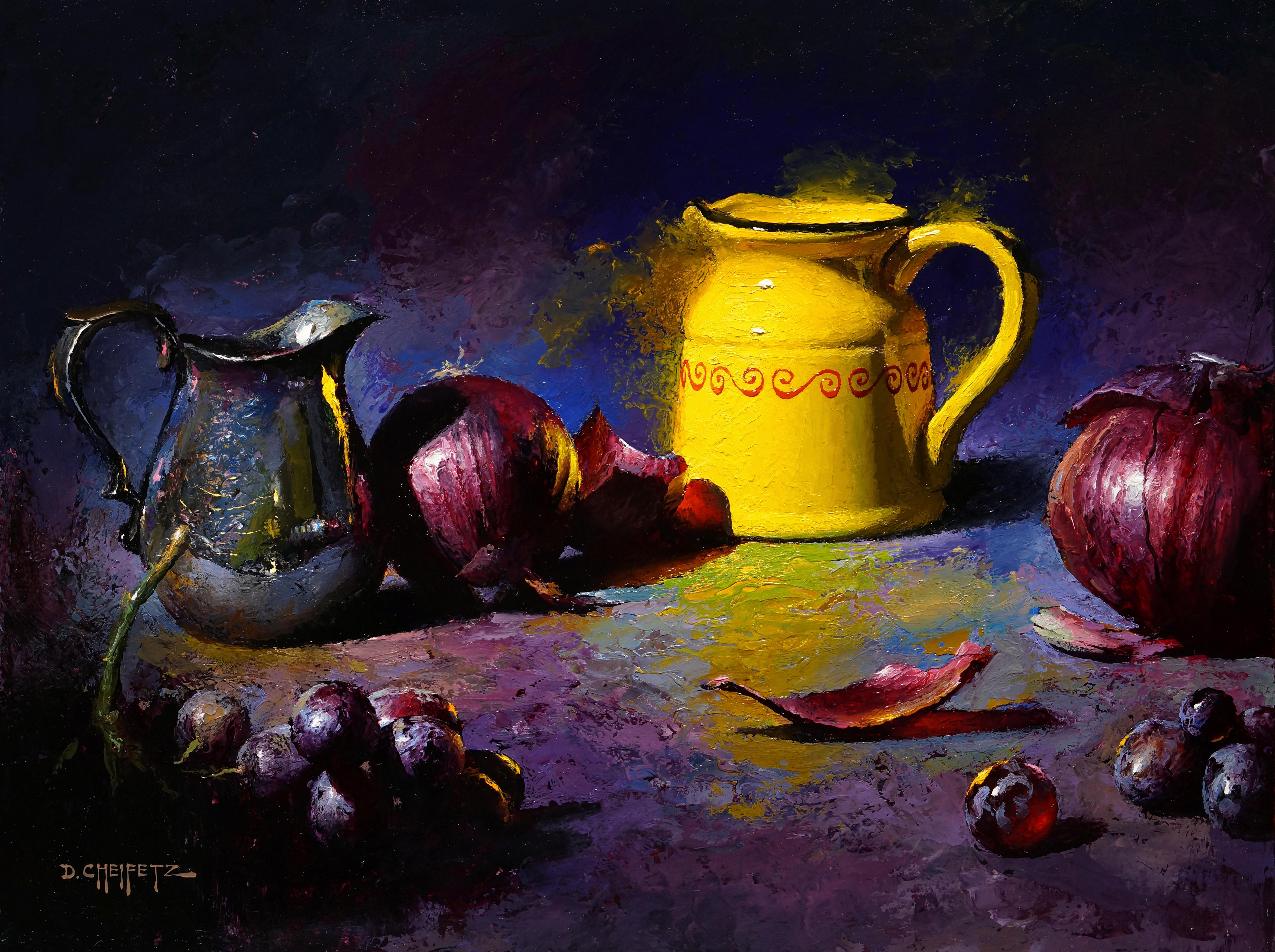 Mientras no mirabas" (2025), de David Cheifetz, es un óleo original hecho a mano sobre panel de aluminio que representa un exuberante bodegón con una jarra amarilla brillante, cebollas rojas y uvas moradas. 

Sobre el artista:
David es un artista