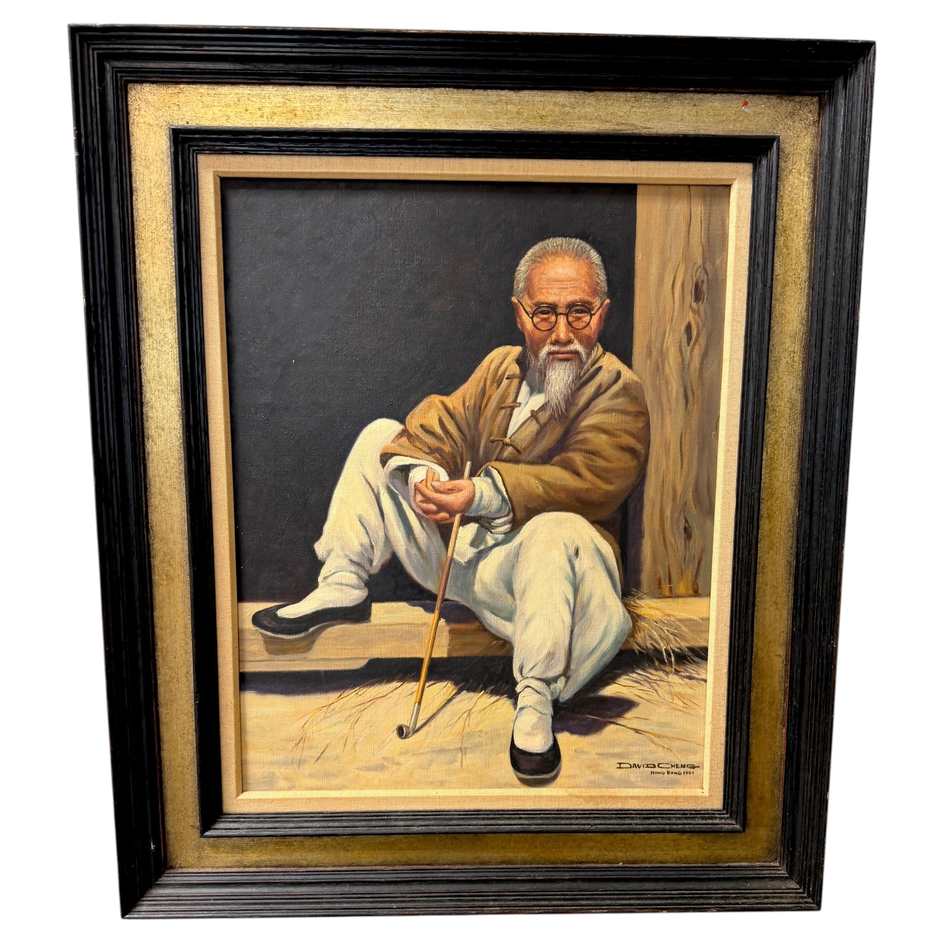 David Cheng Hong Kong 1961 Portrait of Scholar with Opium Pipe Oil Painting