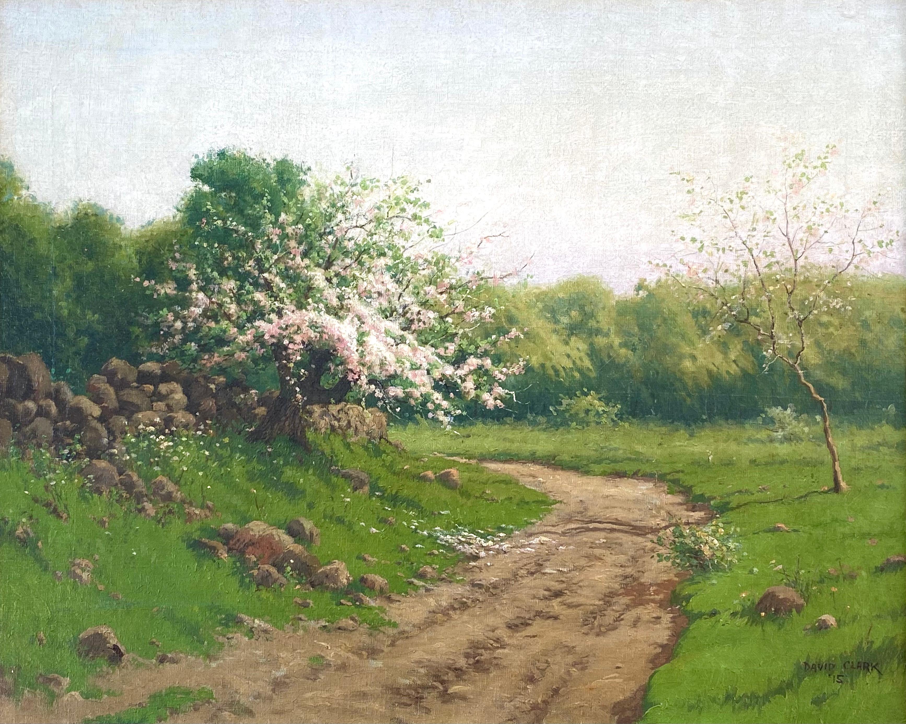 Le temps des fleurs de pommier - Gris Landscape Painting par David Clark