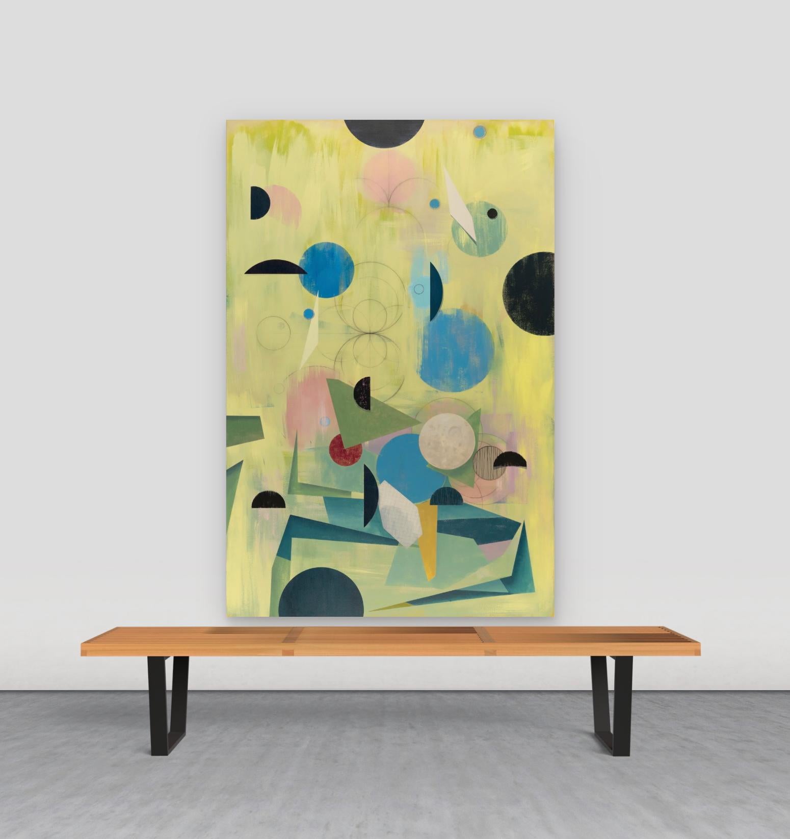 Ascendant - Geometric Abstract Yellow Black Blue Circles Pink Sage Green, 2024 - Painting by David Collins