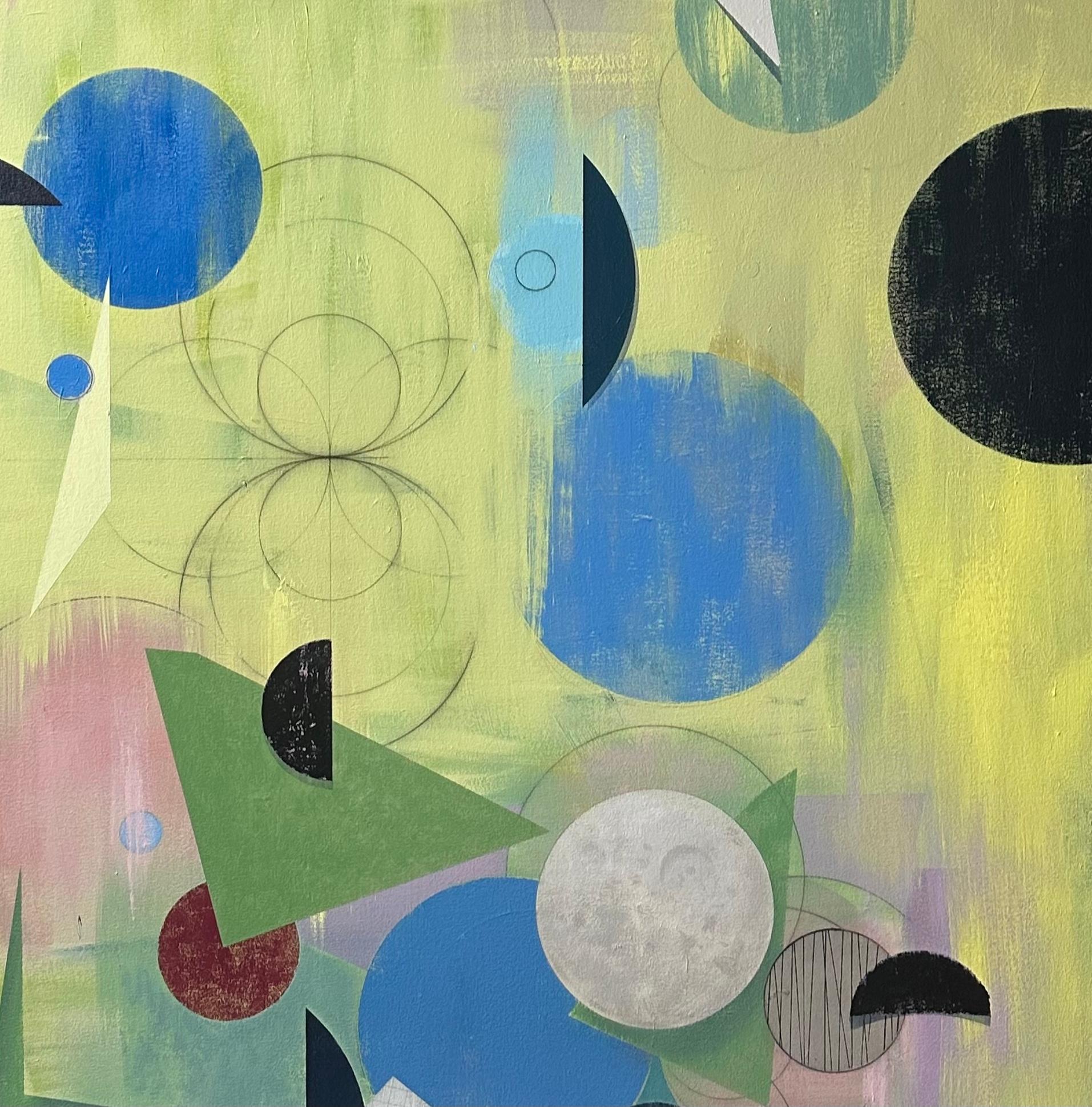 Ascendant - Geometric Abstract Yellow Black Blue Circles Pink Sage Green, 2024 - Beige Abstract Painting by David Collins