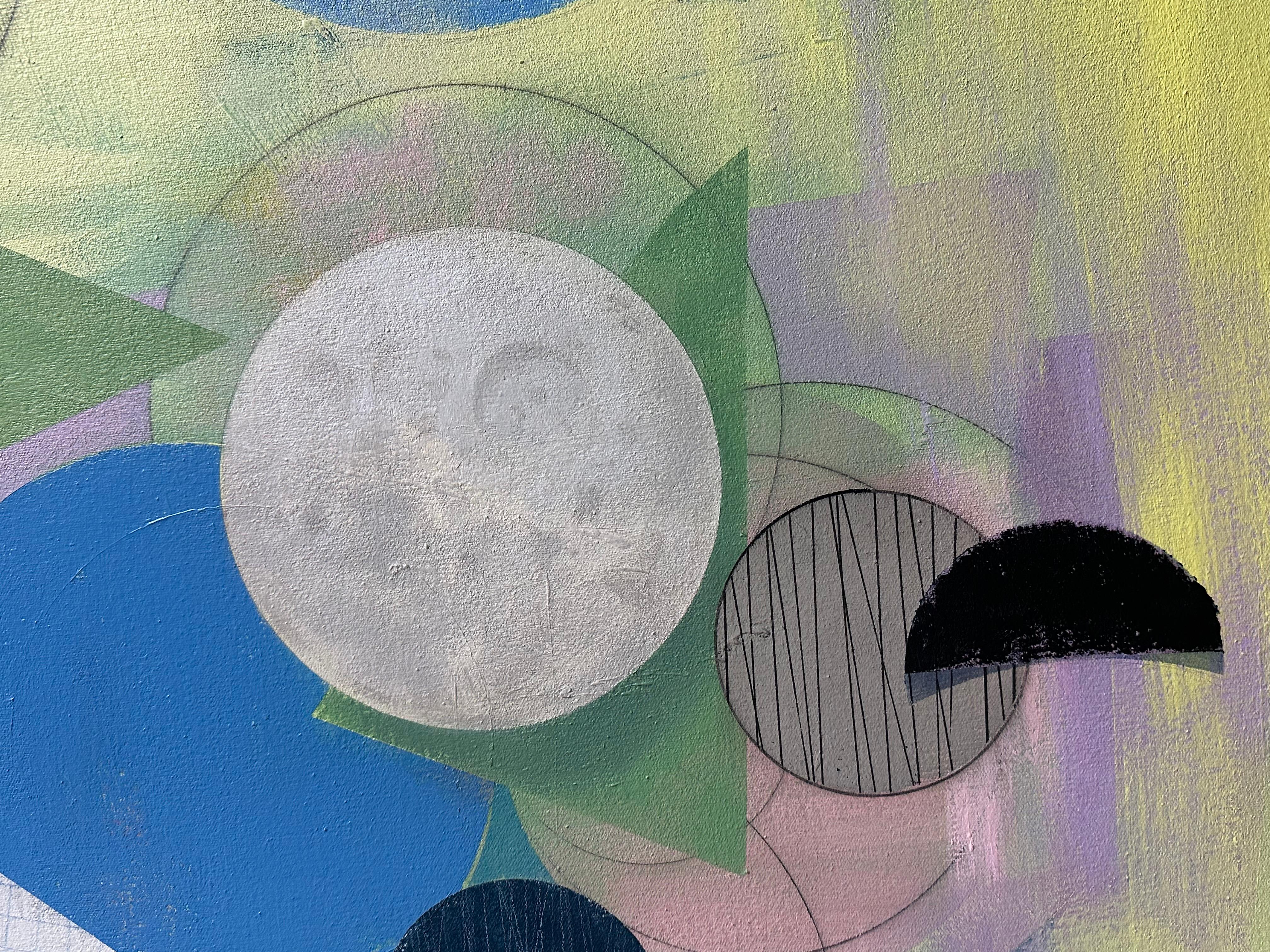 Contemporary abstract painting in acrylic on linen with geometric shapes in black, blue, sage green, pale pink, and red against a luminous yellow background. The angles and soft gradation of color in the layered shapes suggest a sense of