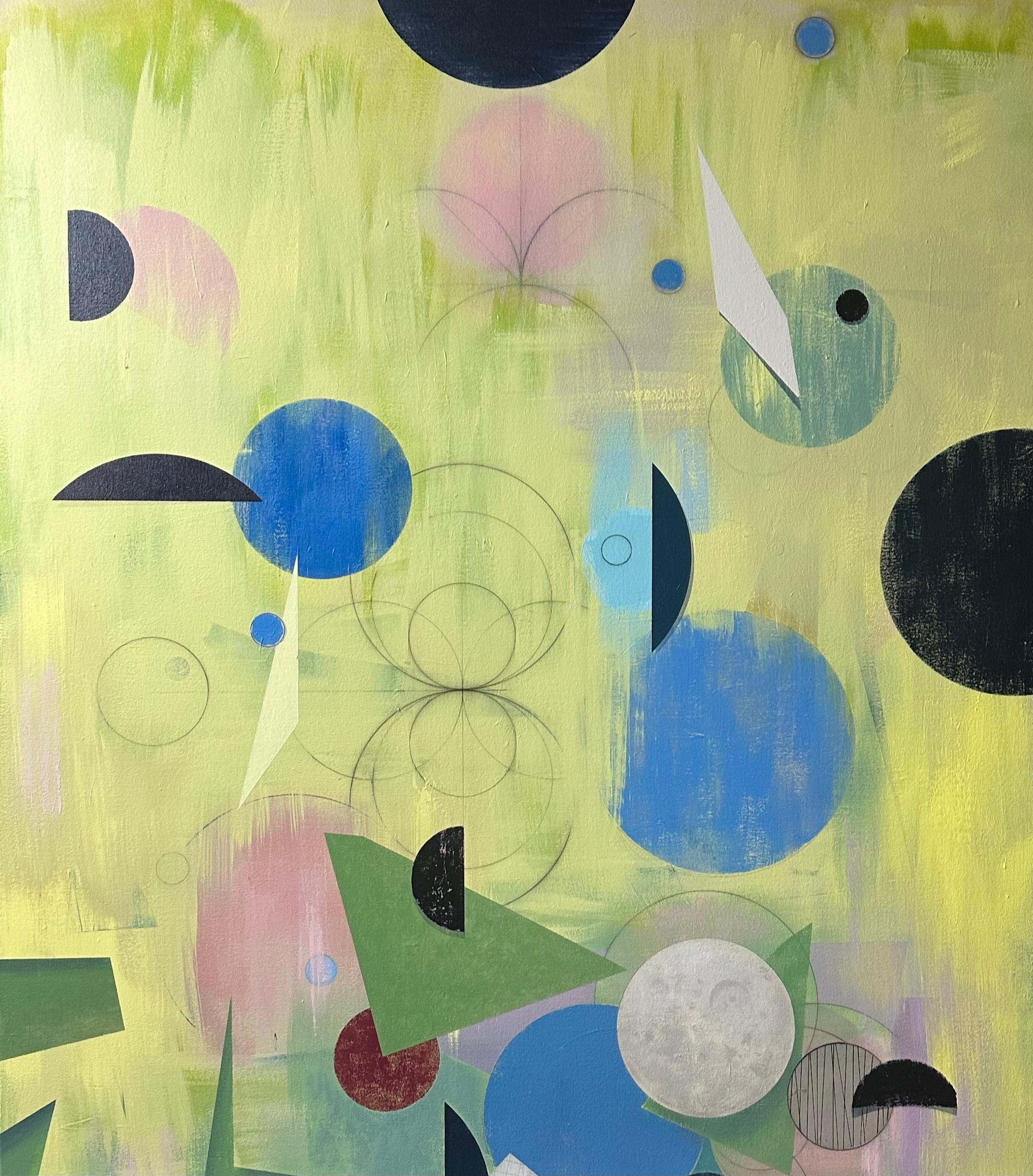 Ascendant - Geometric Abstract Yellow Black Blue Circles Pink Sage Green, 2024 For Sale 2