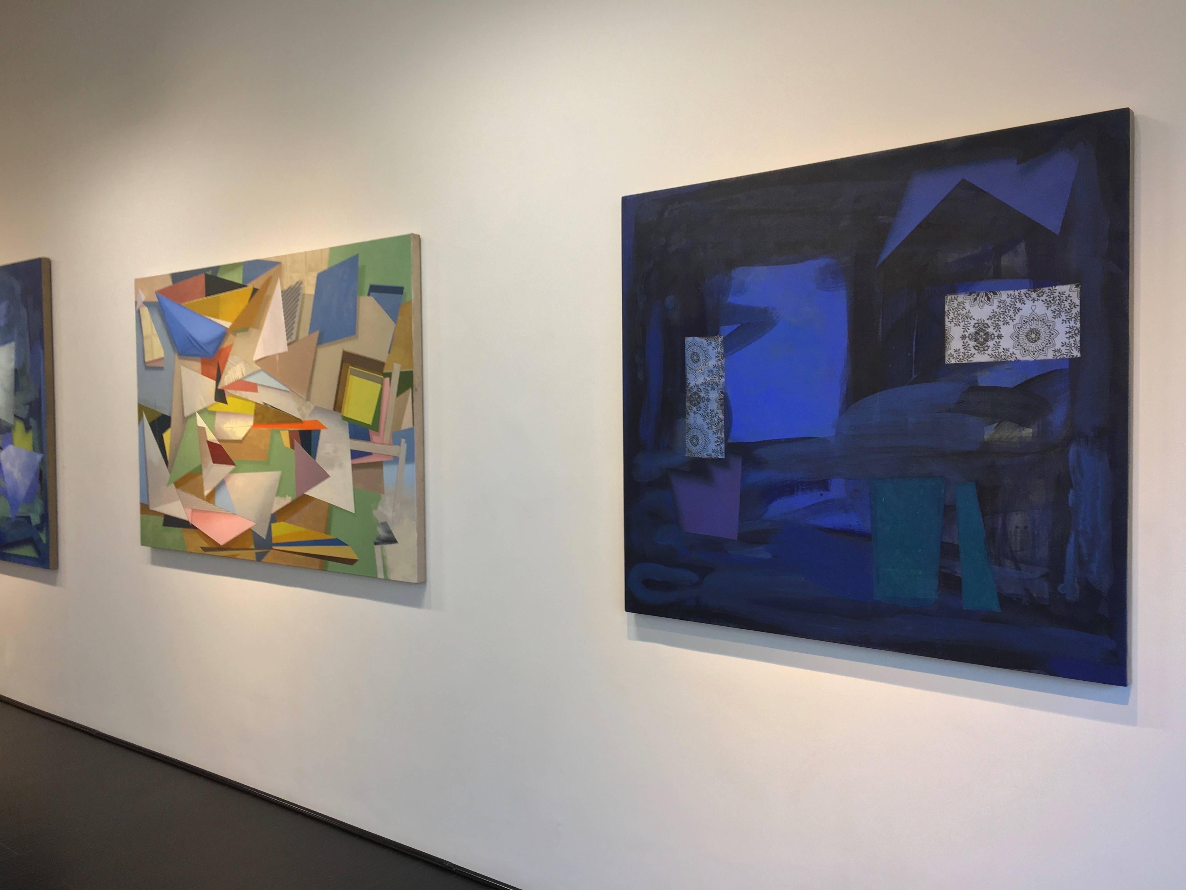Dark Window, Dark Cobalt Blue, Teal, Dark Violet Geometric Abstract Painting For Sale 1