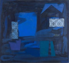 Dark Window, Dark Cobalt Blue, Teal, Dark Violet Geometric Abstract Painting