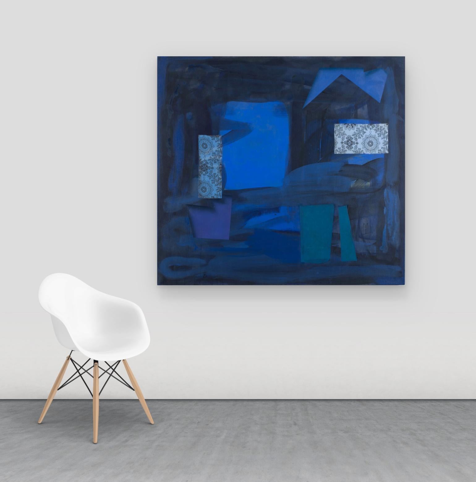 Ventana Oscura - Pintura Geométrica Abstracta Azul Cobalto Oscuro Paisley Teal, 2017 - Painting Contemporáneo de David Collins