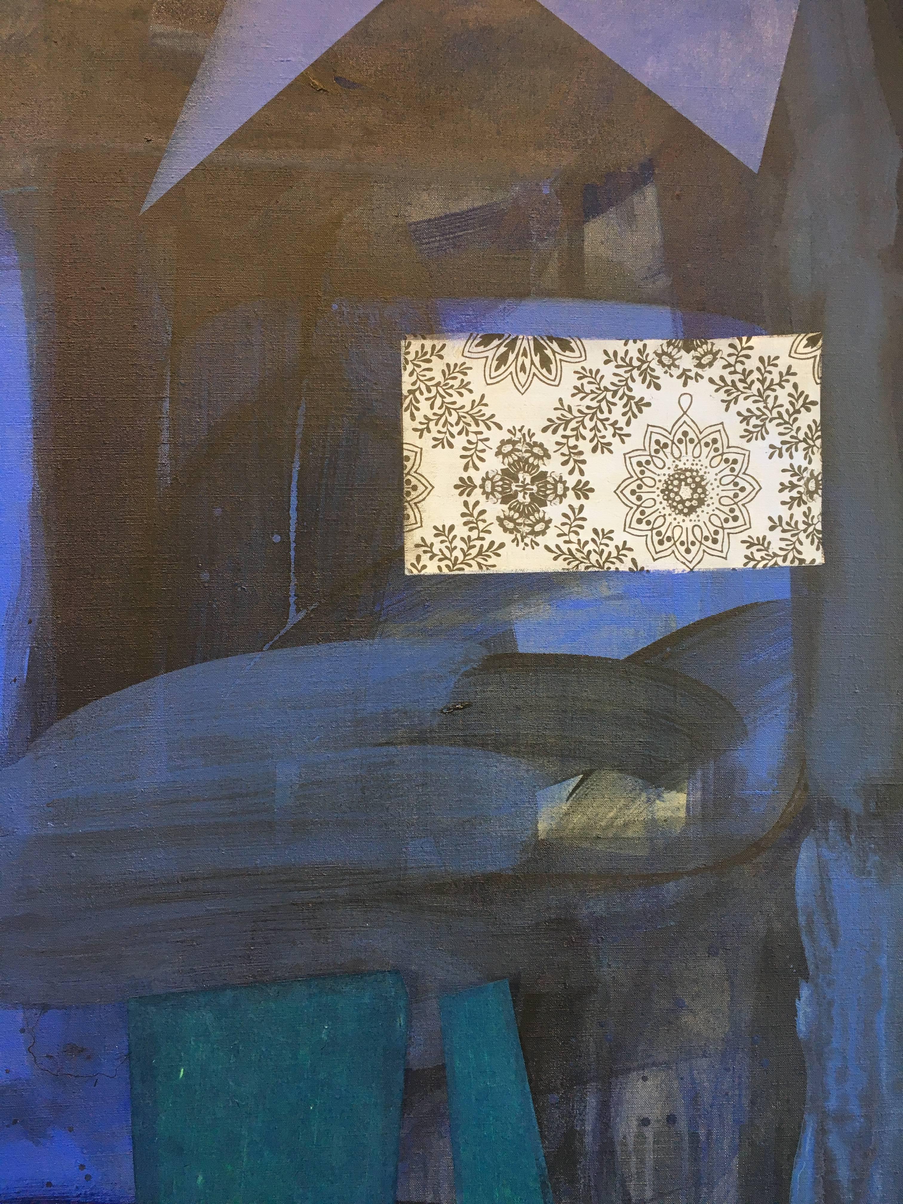 Ventana Oscura - Pintura Geométrica Abstracta Azul Cobalto Oscuro Paisley Teal, 2017 en venta 1