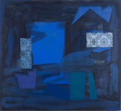 Finestra scura - Pittura astratta geometrica Blu cobalto scuro Paisley verde acqua, 2017