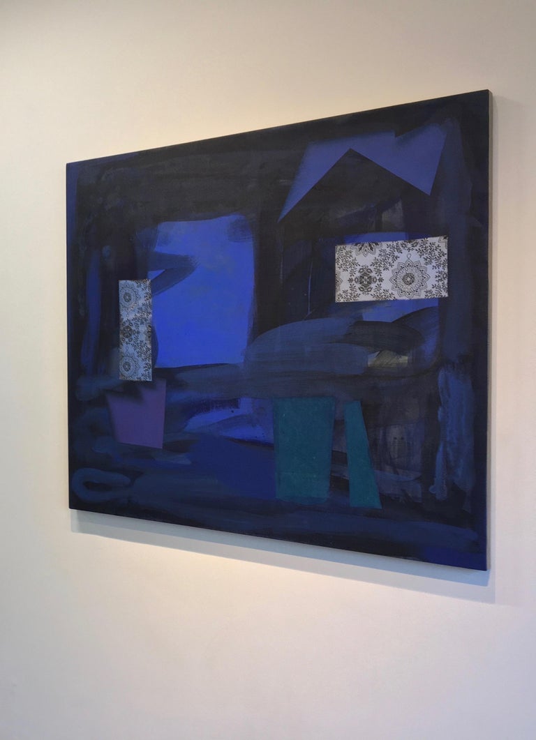 Dark Window, Geometric Abstract Painting in Dark Cobalt Blue, Teal, Dark Violet For Sale 3