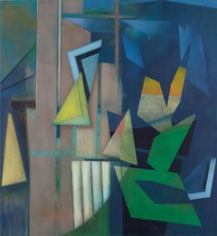 Dismantling the Day, Abstract Geometric Painting in Blue, Green, Orange, Yellow