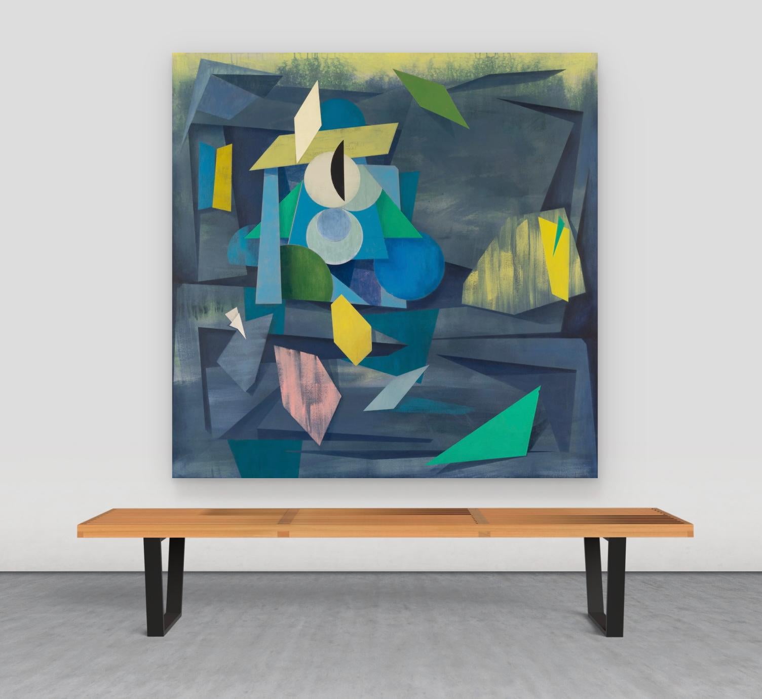 Guardian - Geometric Abstract Painting Blue Teal Green Yellow Shapes, 2025 For Sale 1