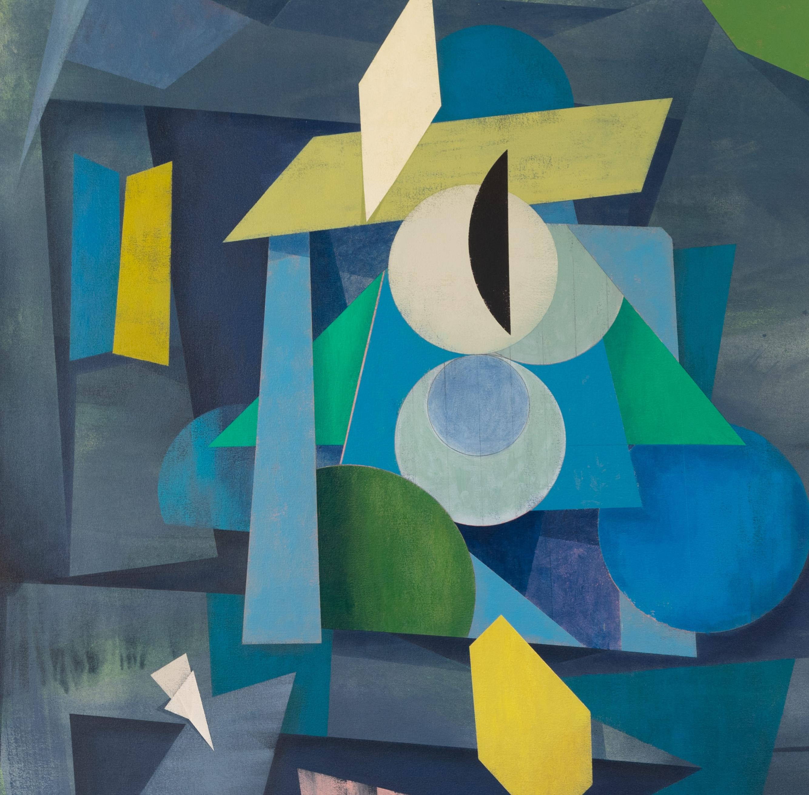 Guardian - Geometric Abstract Painting Blue Teal Green Yellow Shapes, 2025 For Sale 2