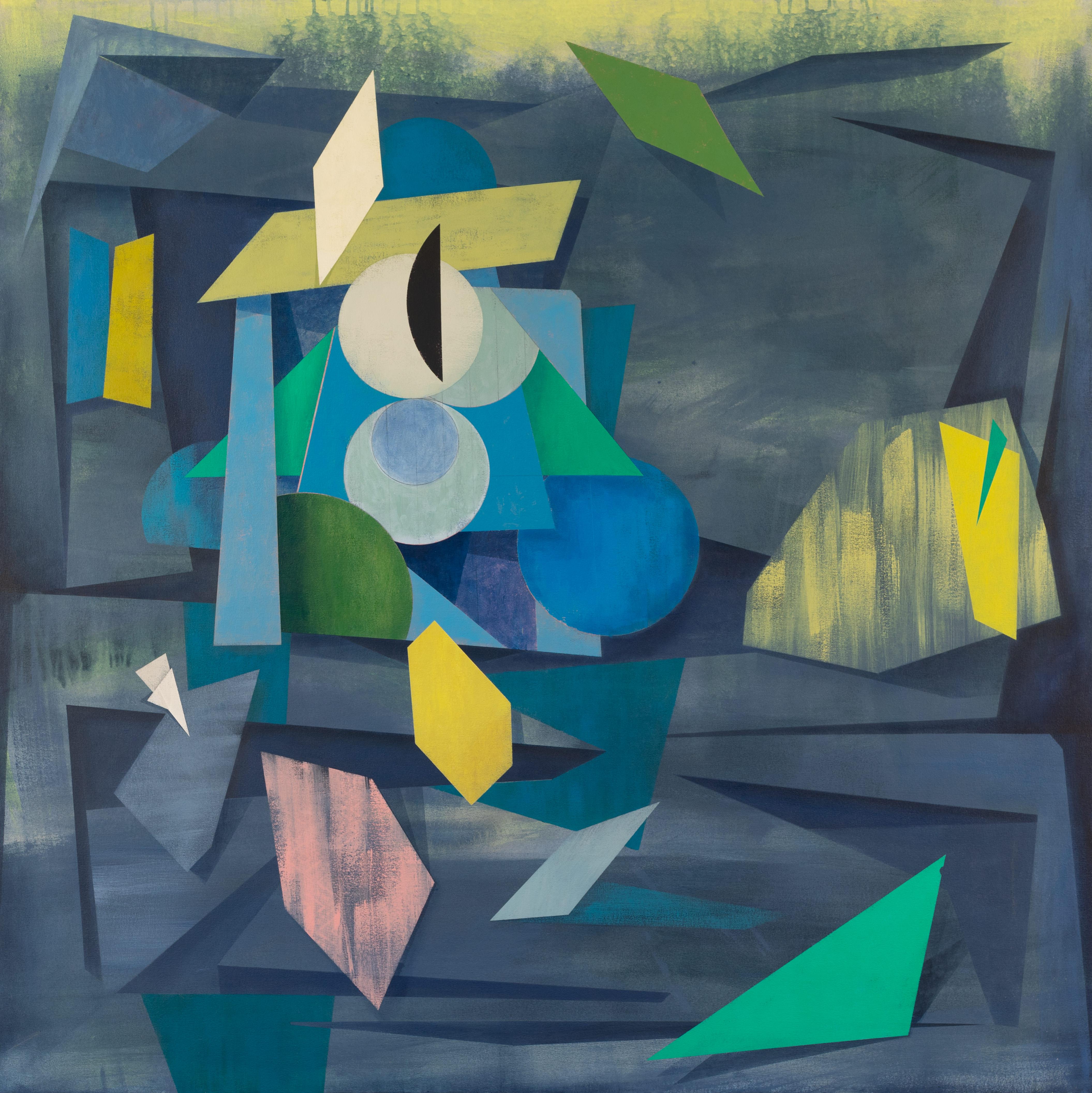 In this contemporary abstract painting in acrylic on canvas, geometric shapes in blue, yellow, pink and teal green are vibrant against an atmospheric blue background with hints of yellow. The angles and soft gradation of color in the layered shapes