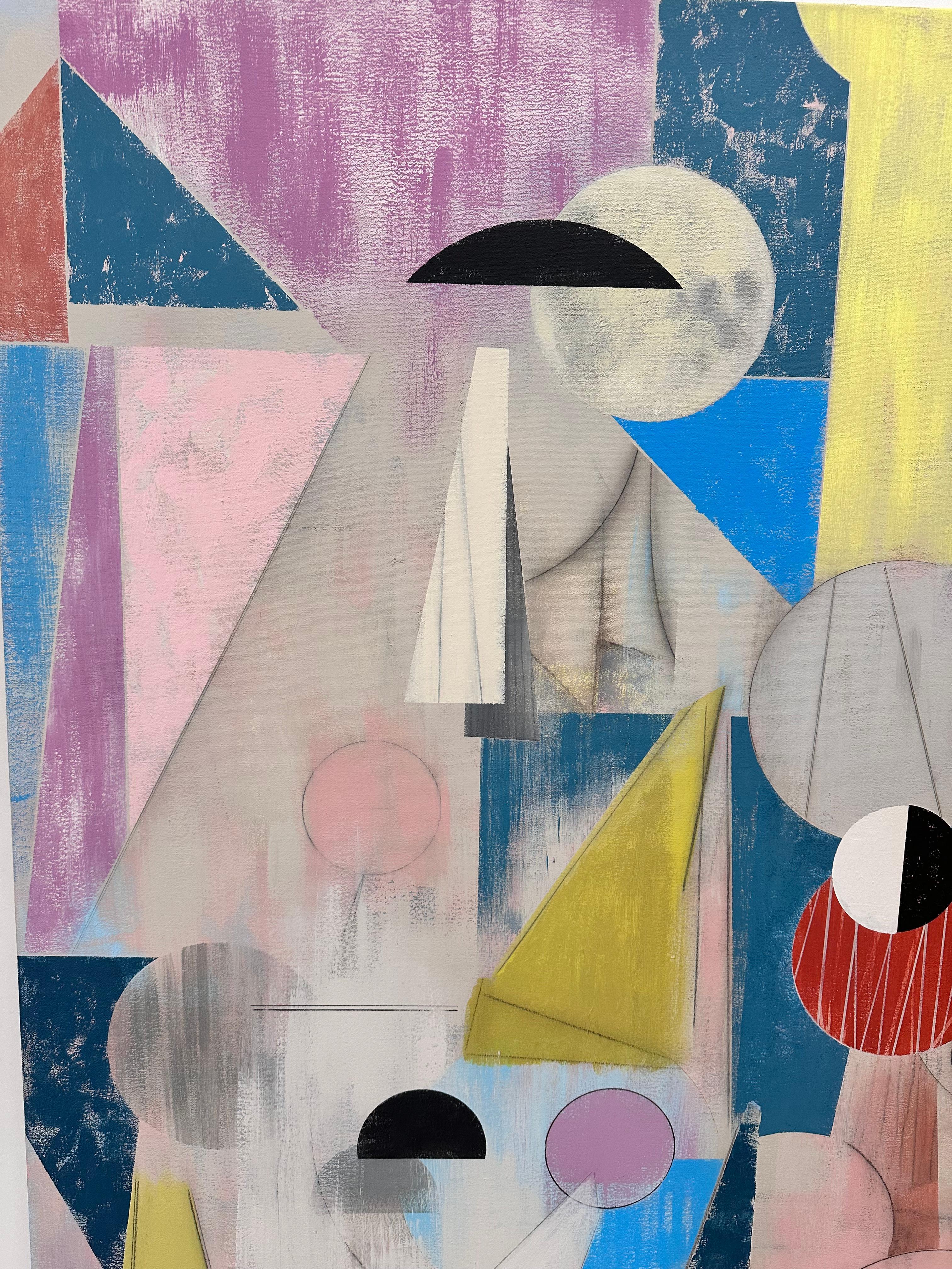 Qui e là - Pittura astratta geometrica Rosa Blu Giallo Cerchi, 2025 in vendita 5