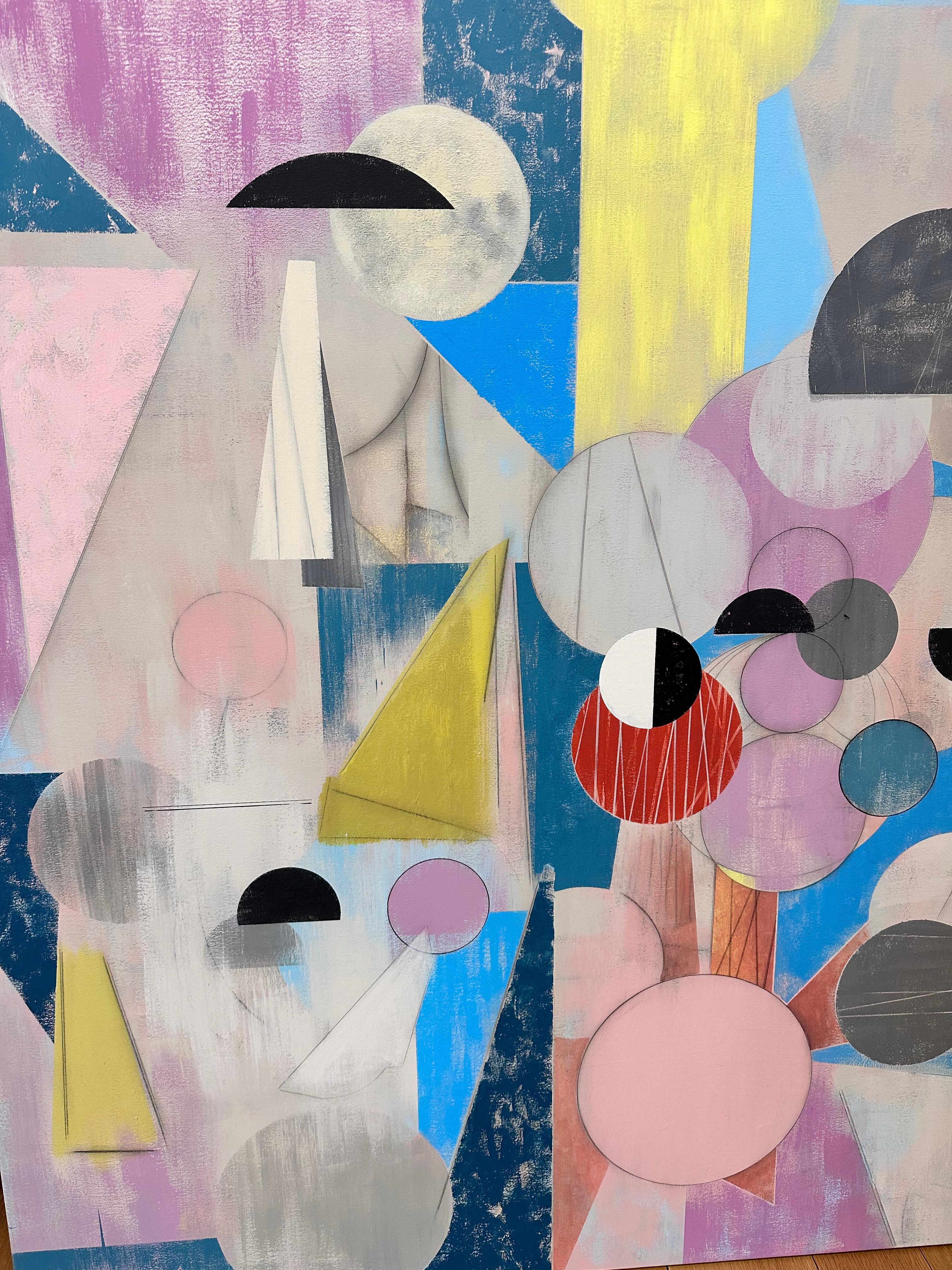 Qui e là - Pittura astratta geometrica Rosa Blu Giallo Cerchi, 2025 in vendita 6