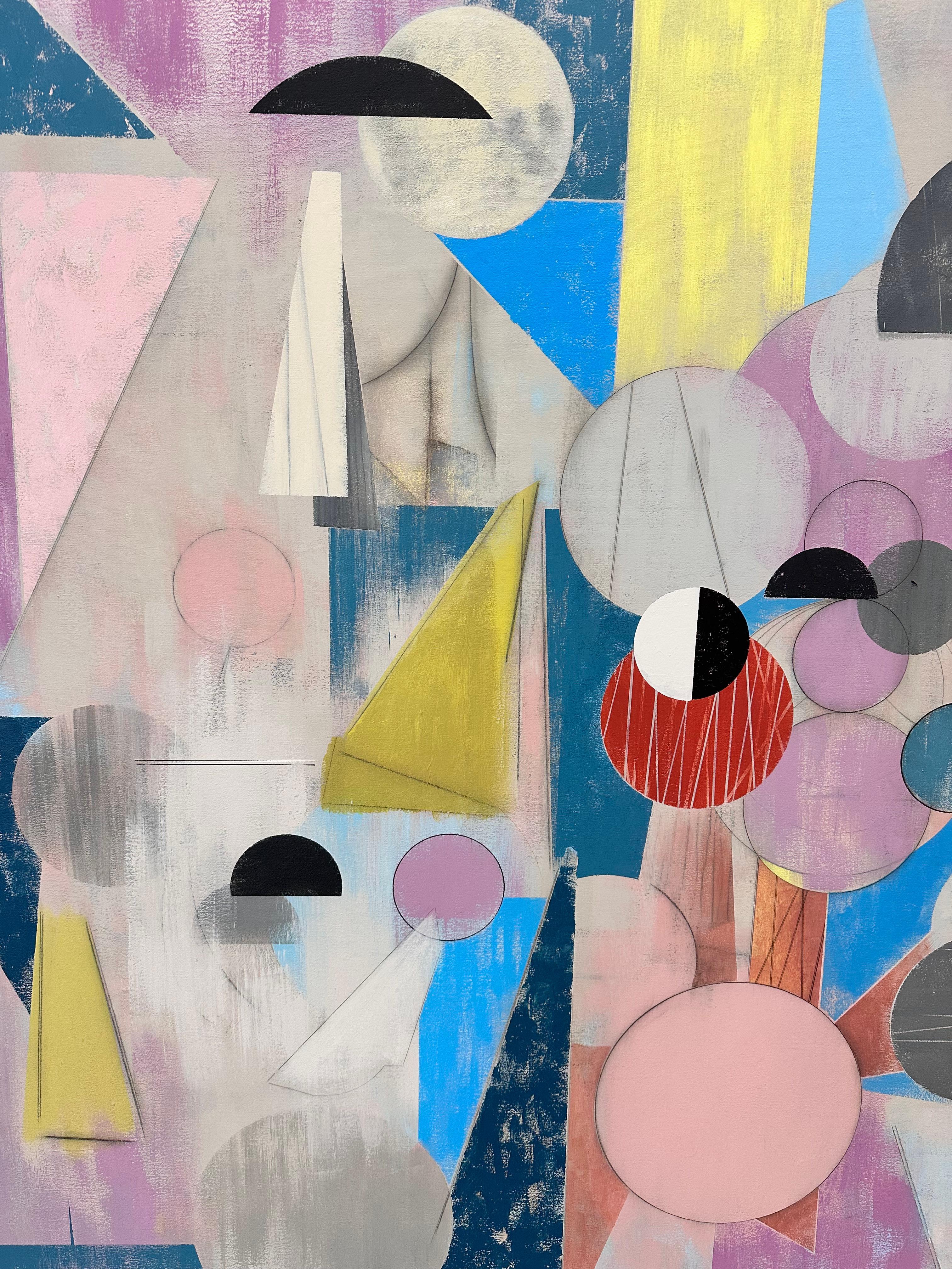 Qui e là - Pittura astratta geometrica Rosa Blu Giallo Cerchi, 2025 in vendita 1