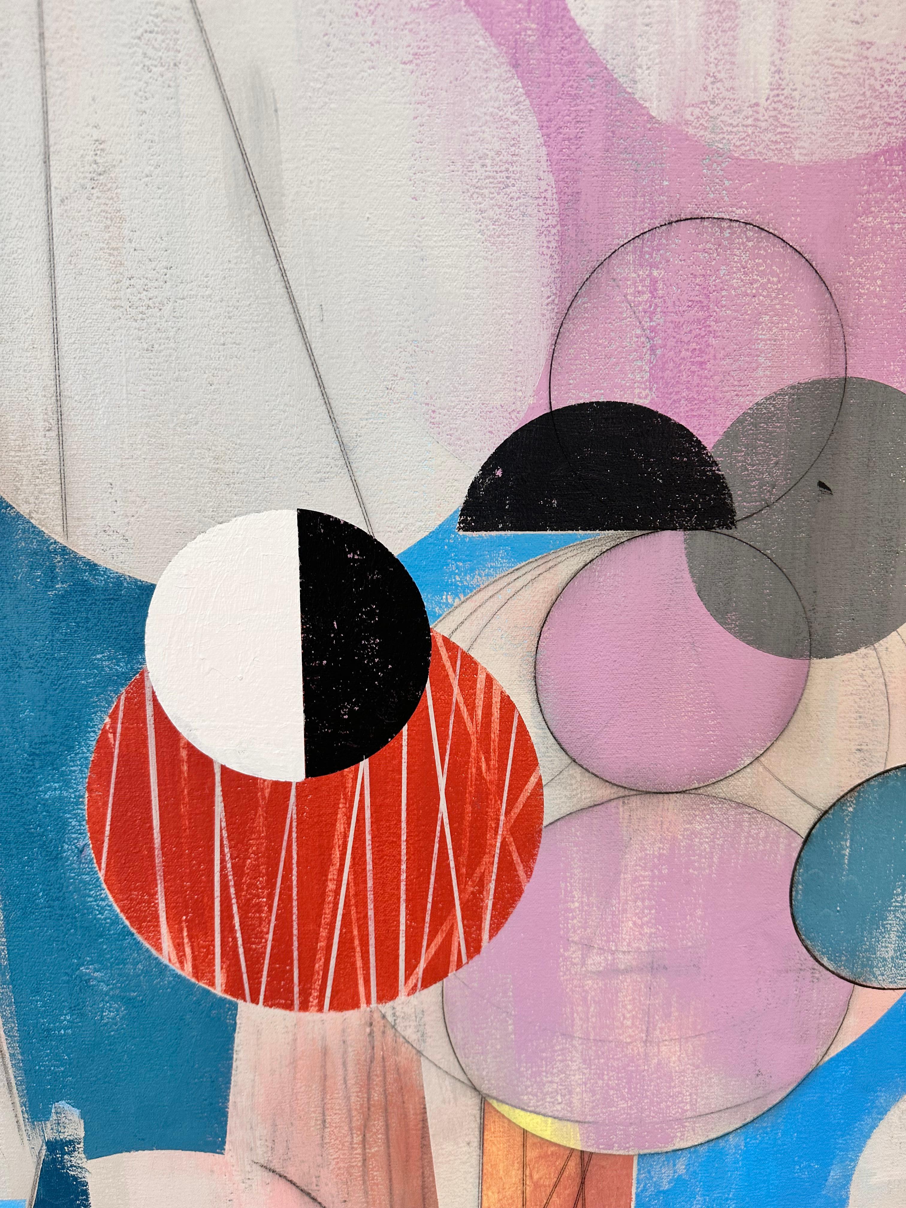Qui e là - Pittura astratta geometrica Rosa Blu Giallo Cerchi, 2025 in vendita 2