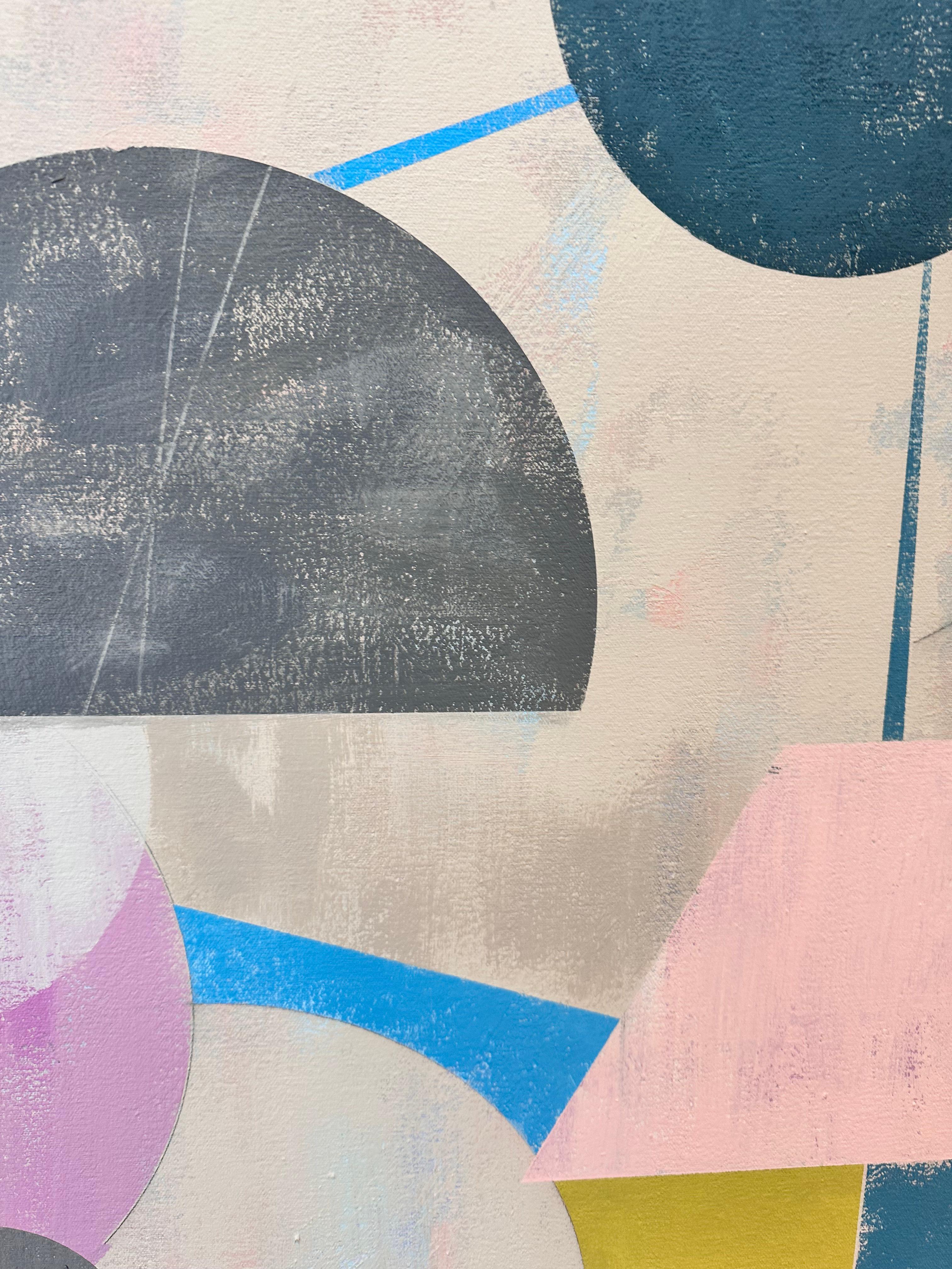 Qui e là - Pittura astratta geometrica Rosa Blu Giallo Cerchi, 2025 in vendita 3