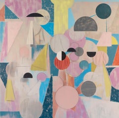 Here and There - Geometric Abstract Painting Pink Blue Yellow Circles, 2025