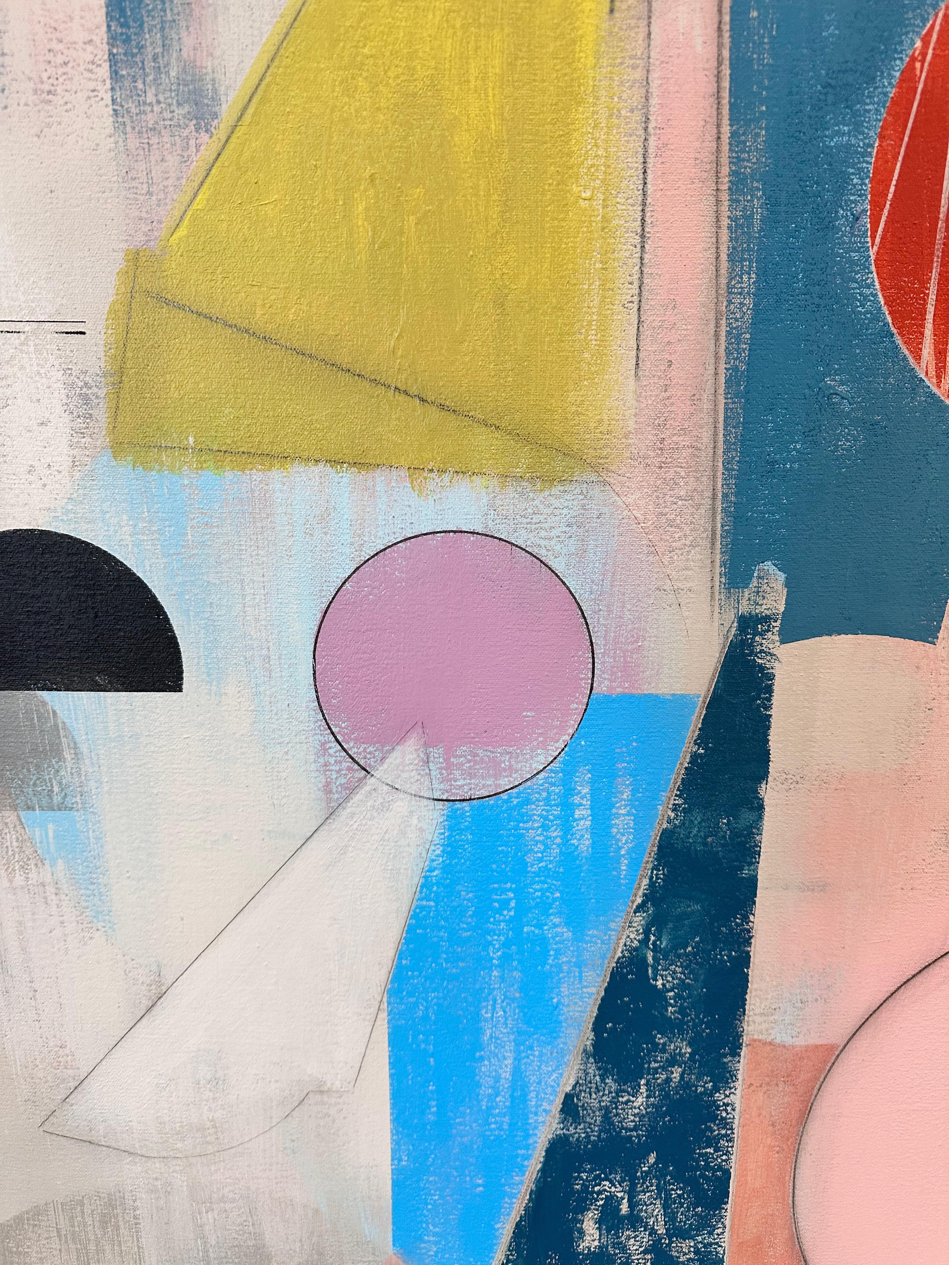 Here and There - Geometric Abstract Pink Blue Red Yellow Circles Triangles, 2025 For Sale 7