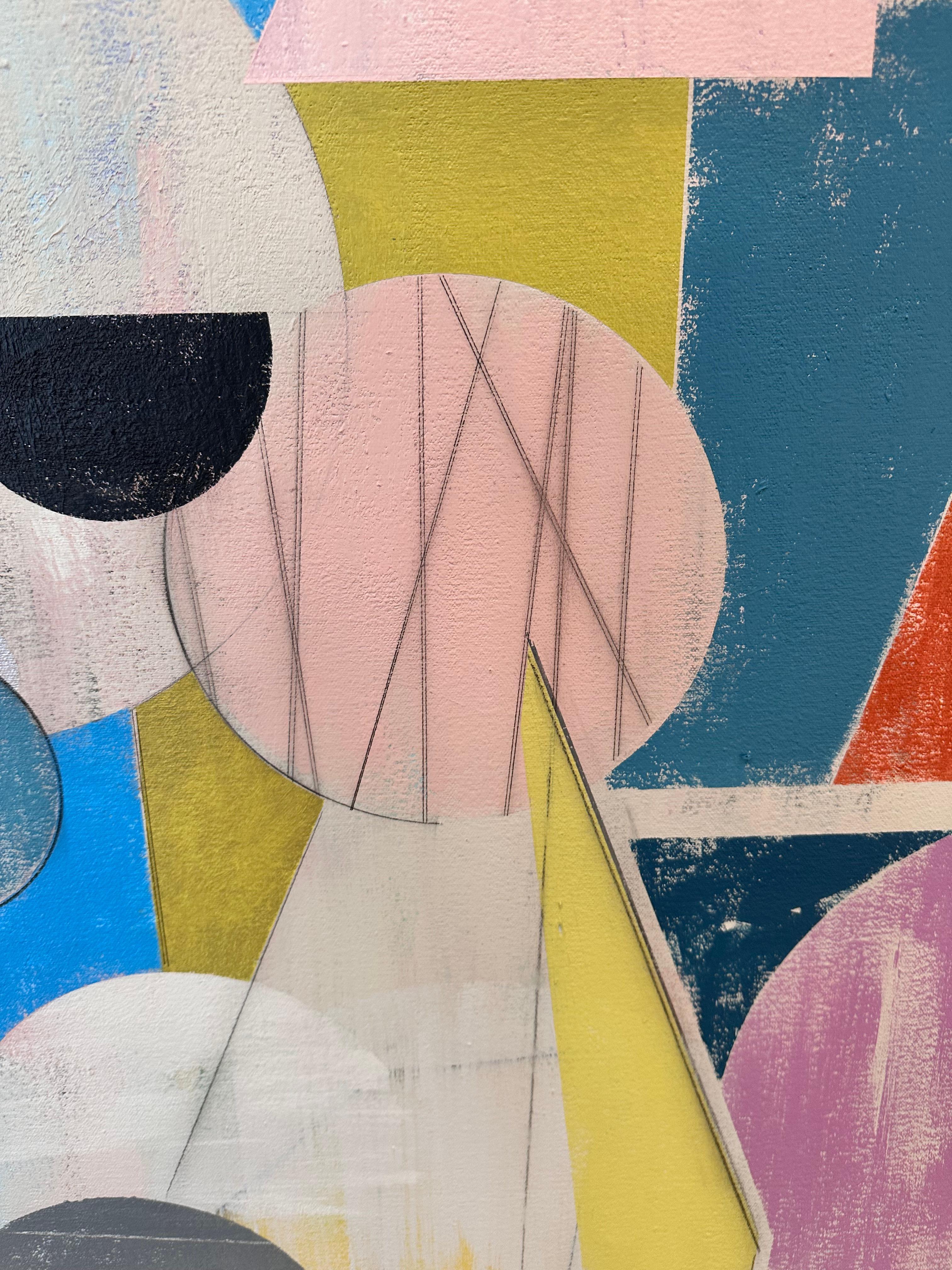 Here and There - Geometric Abstract Pink Blue Red Yellow Circles Triangles, 2025 For Sale 8