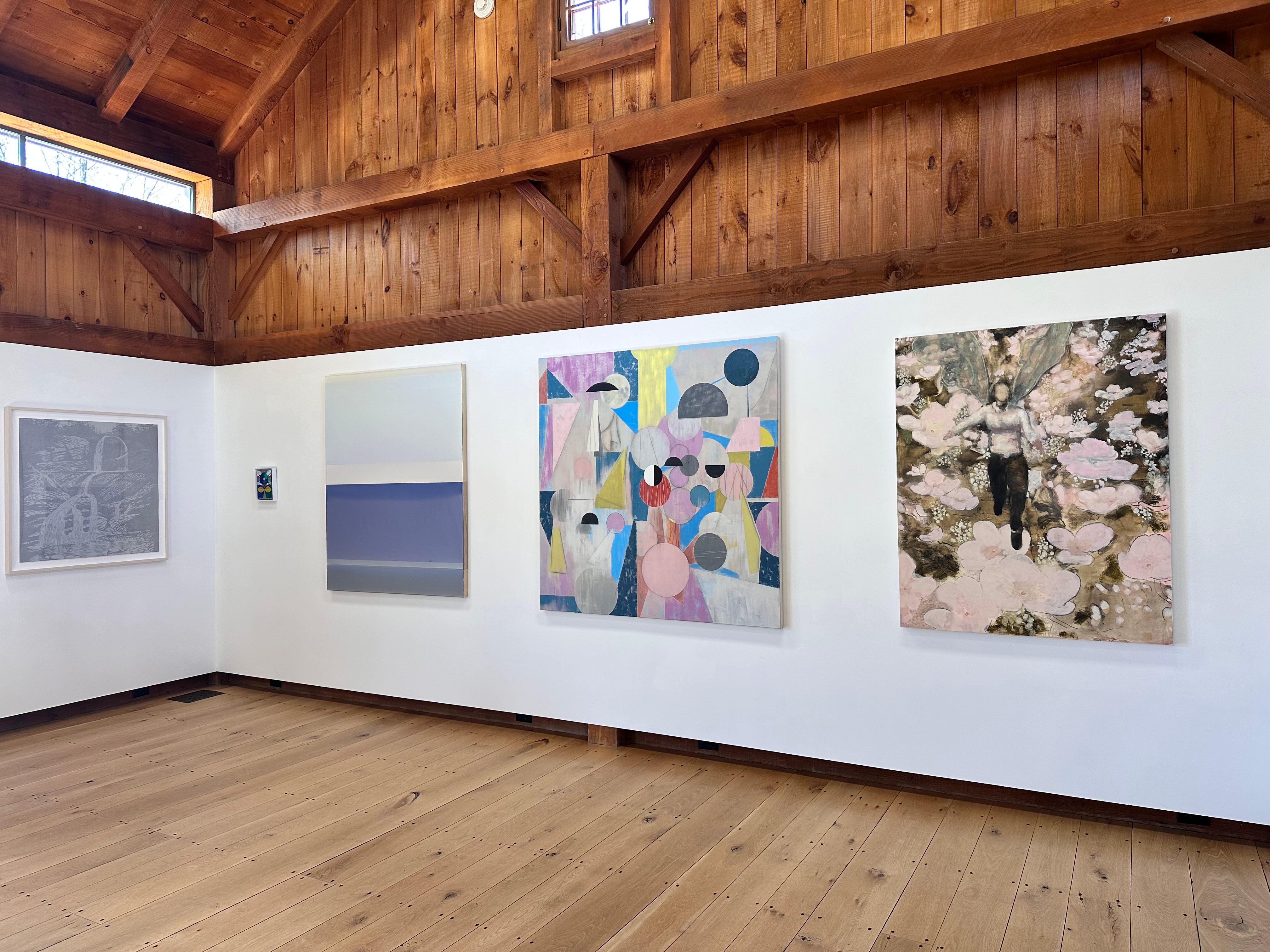 Here and There - Geometric Abstract Pink Blue Red Yellow Circles Triangles, 2025 - Painting by David Collins