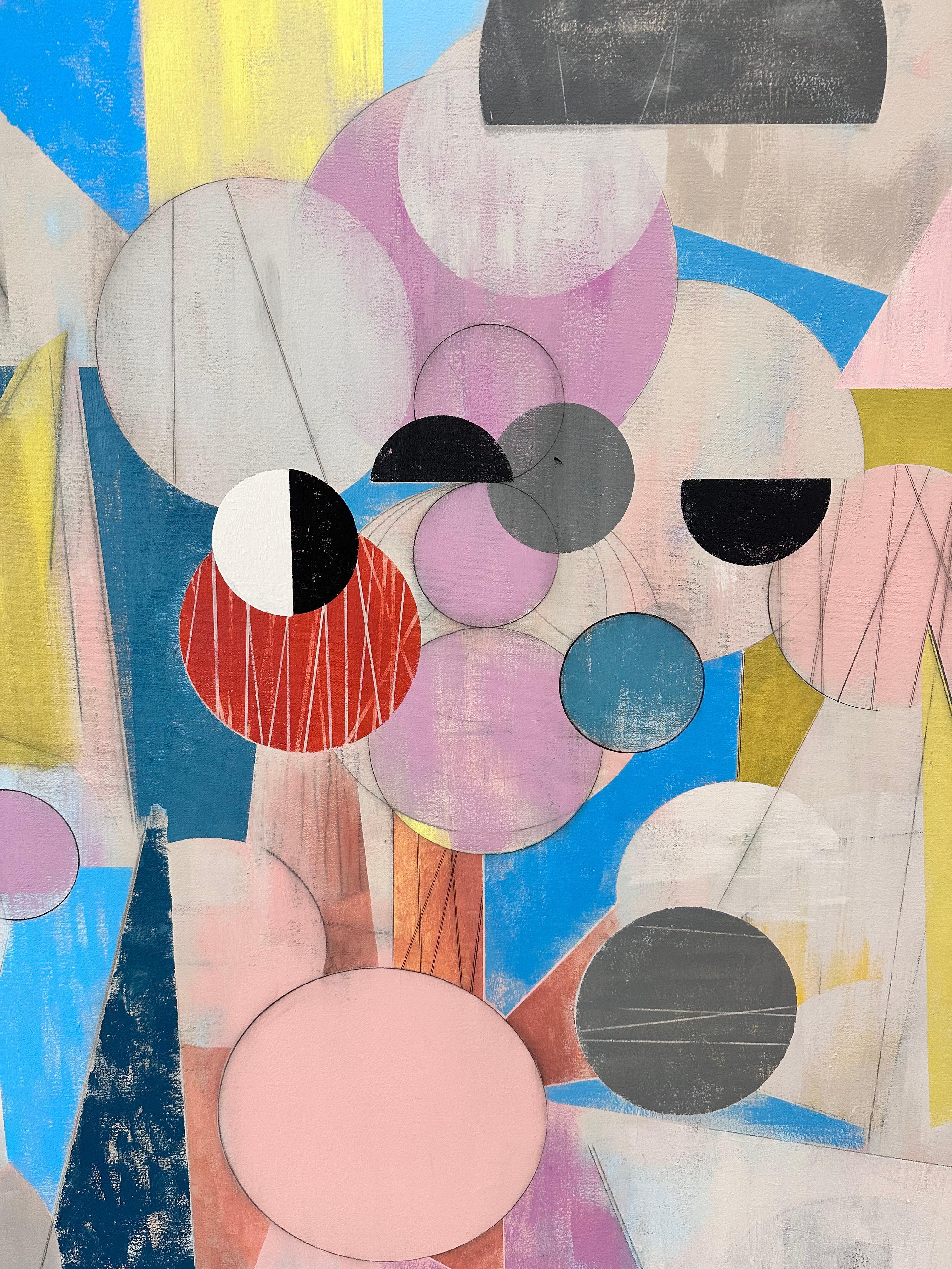 Here and There - Geometric Abstract Pink Blue Red Yellow Circles Triangles, 2025 - Contemporary Painting by David Collins