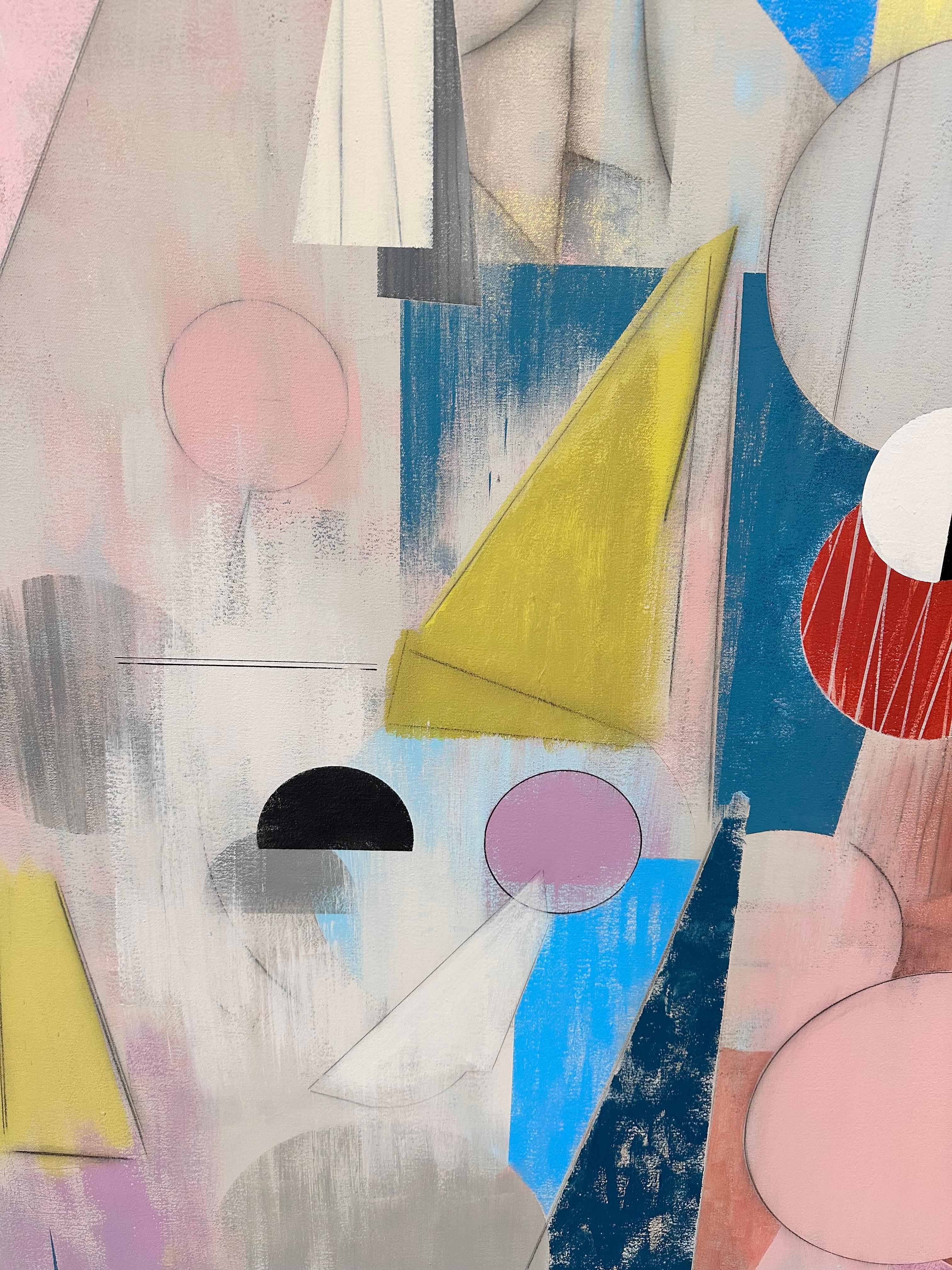 Here and There - Geometric Abstract Pink Blue Red Yellow Circles Triangles, 2025 - Beige Abstract Painting by David Collins