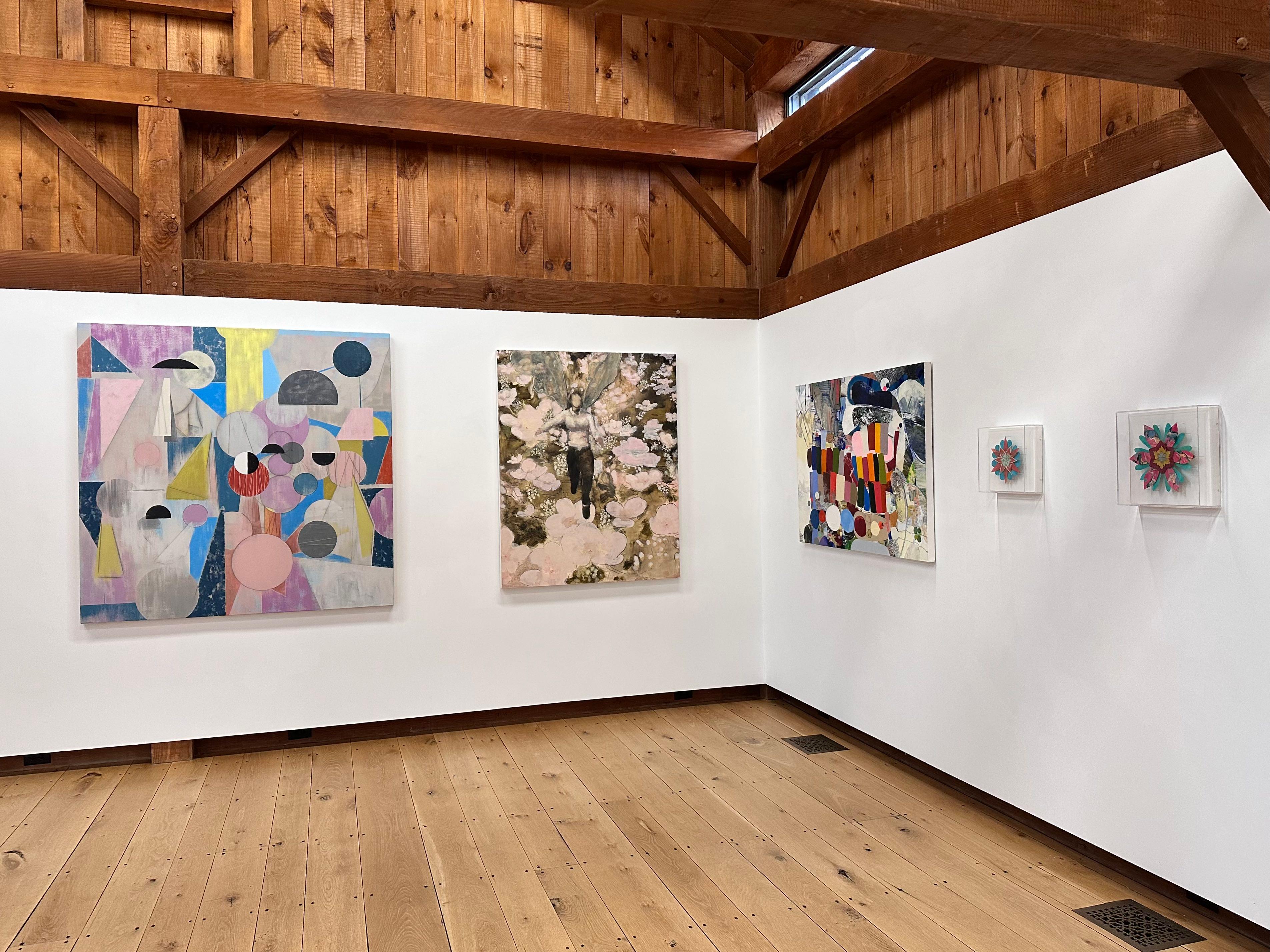 In this contemporary abstract painting in acrylic on canvas, round and triangular geometric shapes in pale pink, yellow, blue, red, gray and black and white are dynamic and layered suggesting a sense of weightlessness, flight and movement. Signed,