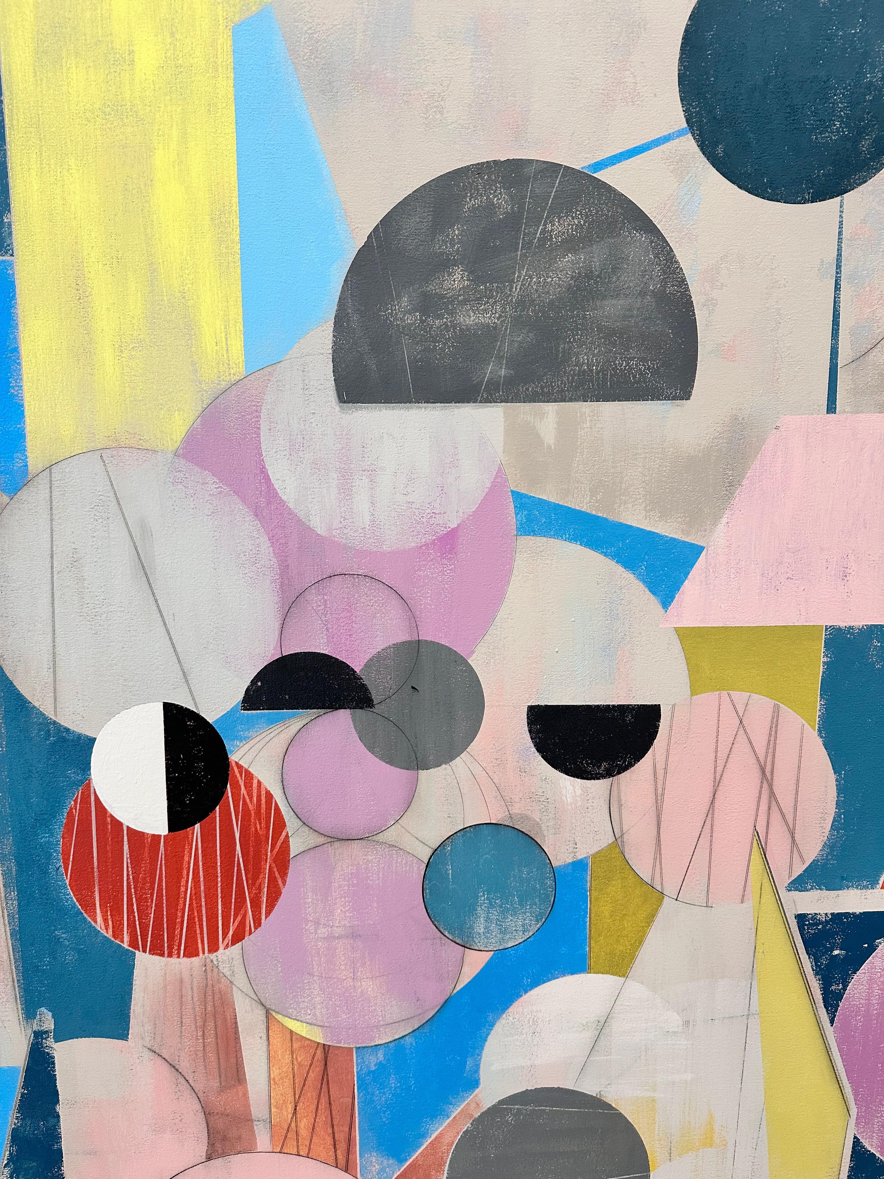 Here and There - Geometric Abstract Pink Blue Red Yellow Circles Triangles, 2025 For Sale 4