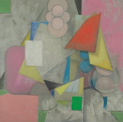 Passages, Square Abstract Geometric Painting, Circles, Pink, Yellow, Beige
