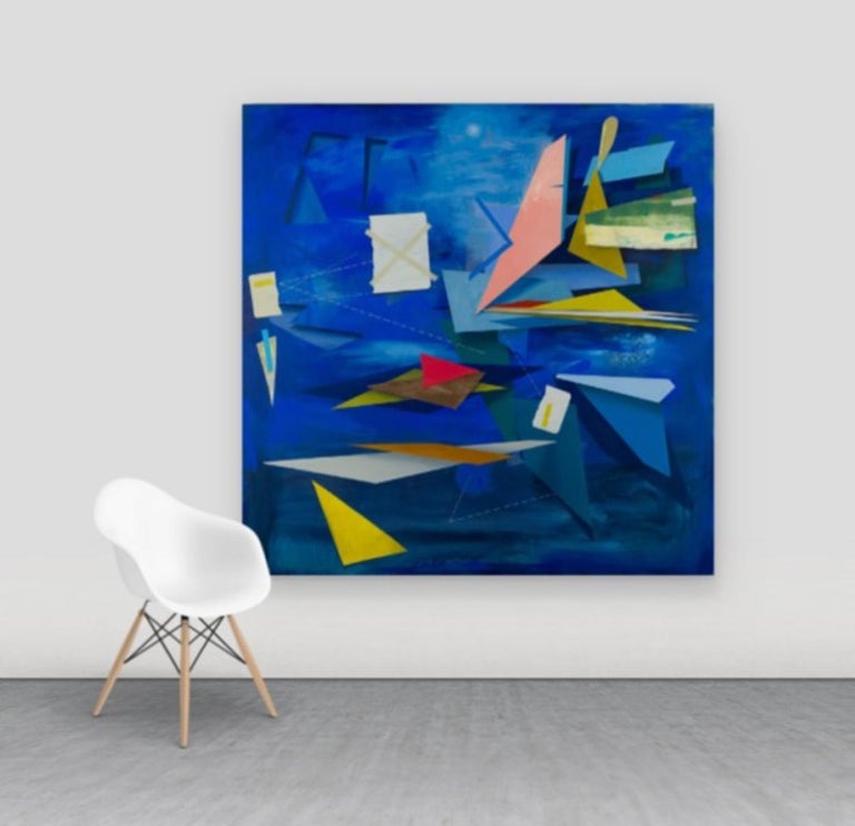 Signalman's Sleep, Large Square Geometric Abstract Painting, Blue, Yellow, Red For Sale 9