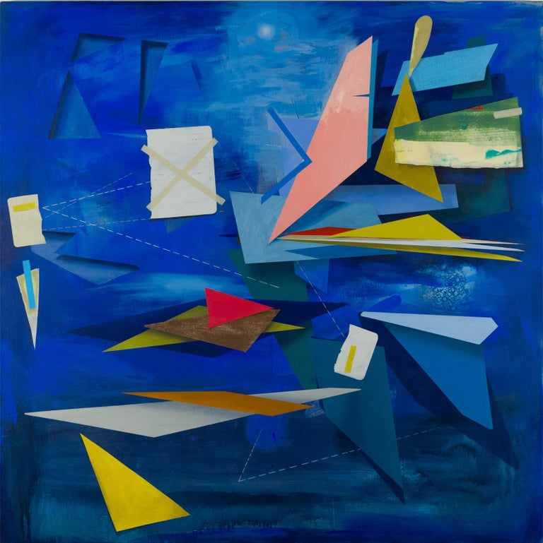 A luminous cobalt blue background is beautifully offset by hard-edge, geometric shapes in vibrant hues of blue, dark orange, canary yellow, salmon pink and yellow green. Signed, dated and titled on verso.

By layering geometric planes and simple