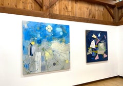 Tell Tails - Geometric Abstract Painting Midnight Blue Pink Sage Green, 2022