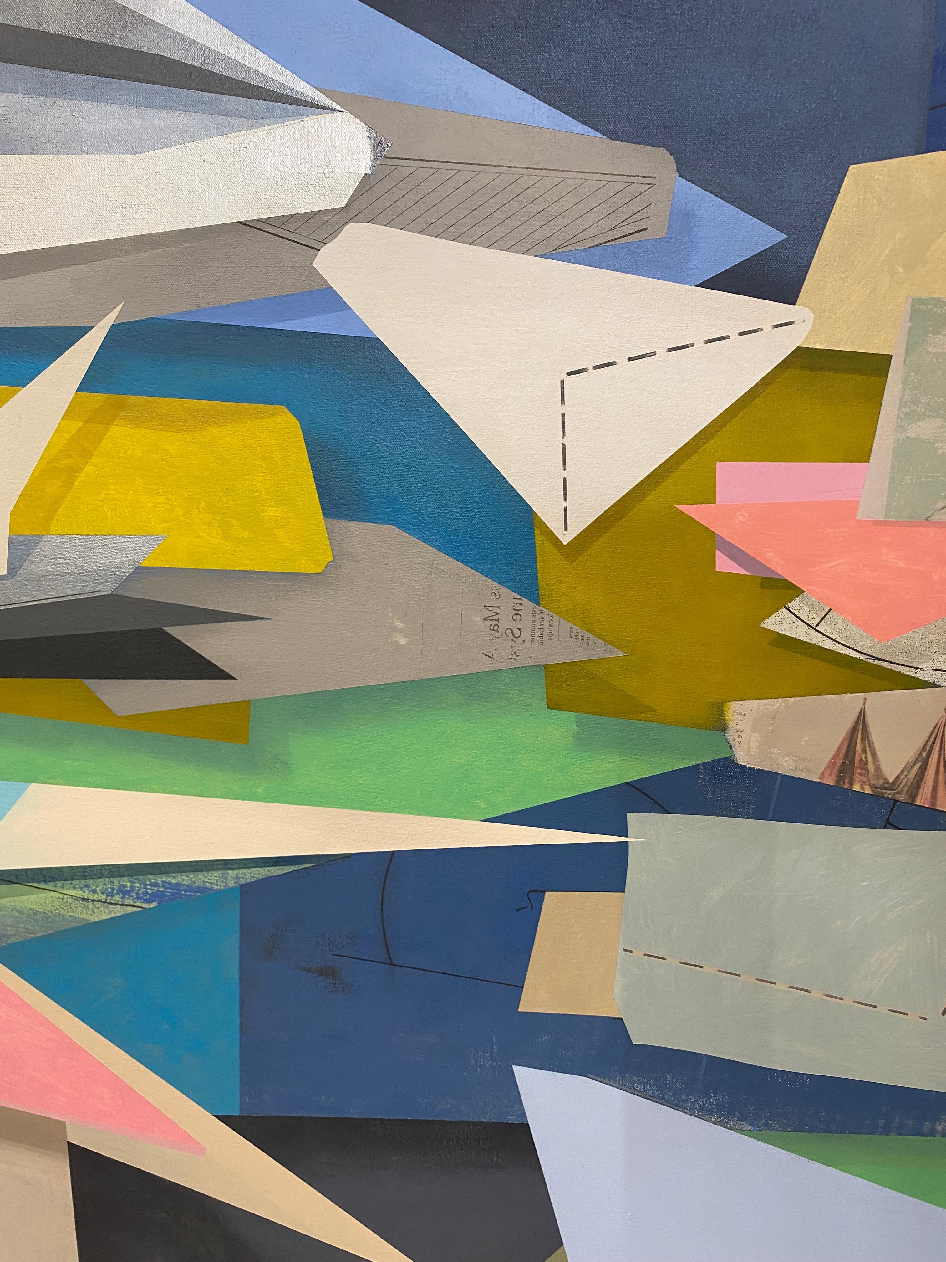 In this contemporary geometric abstract painting in oil on linen, hard edge shapes in luminous Kelly green, yellow, mustard yellow, cobalt blue, ivory and a black and white floral pattern are vibrant against a midnight blue background. The angles