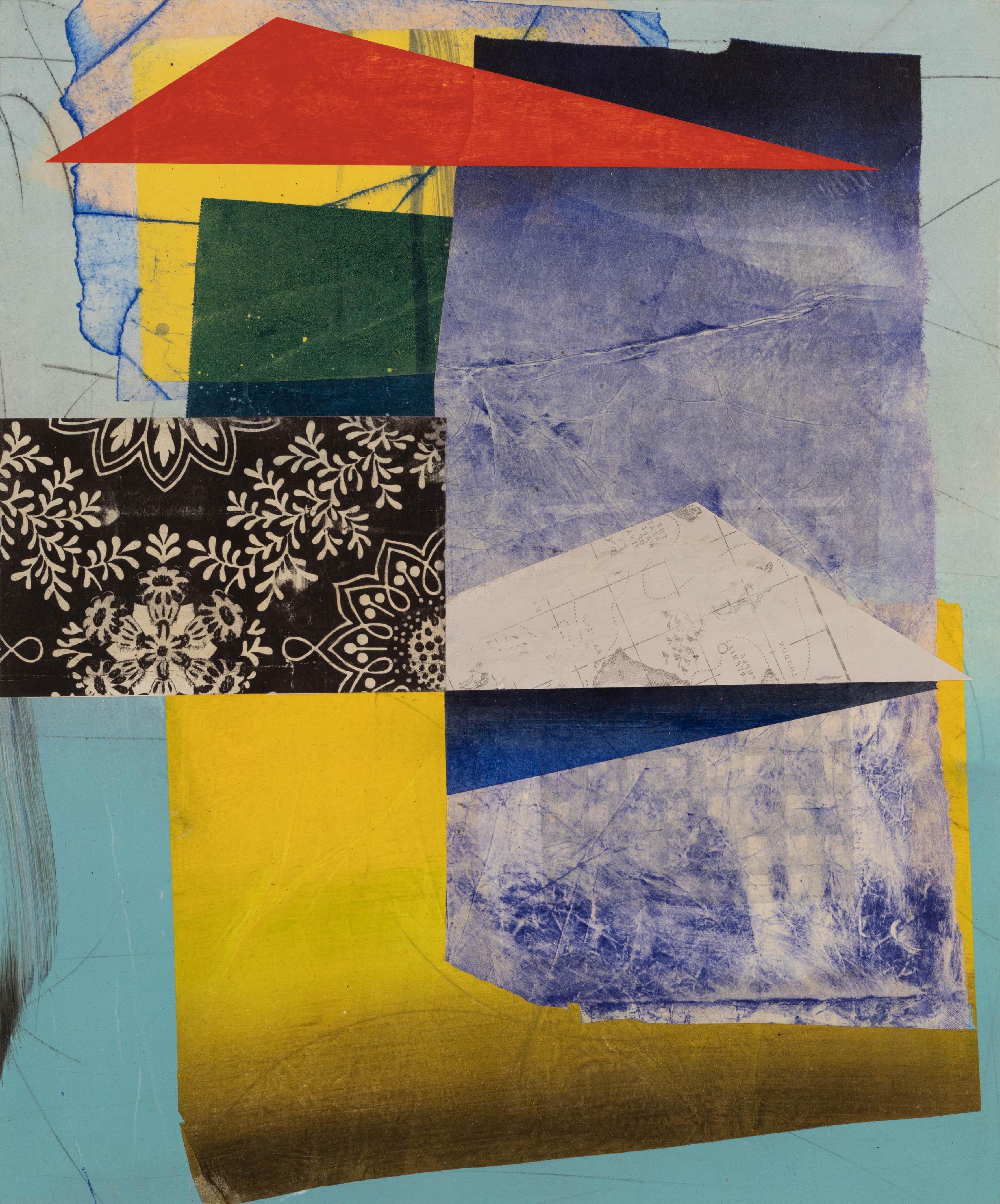 David Collins Abstract Painting – The Traveler, Kobaltblau, Gelb, Schwarz, Weiß, Rot Geometrische abstrakte Formen