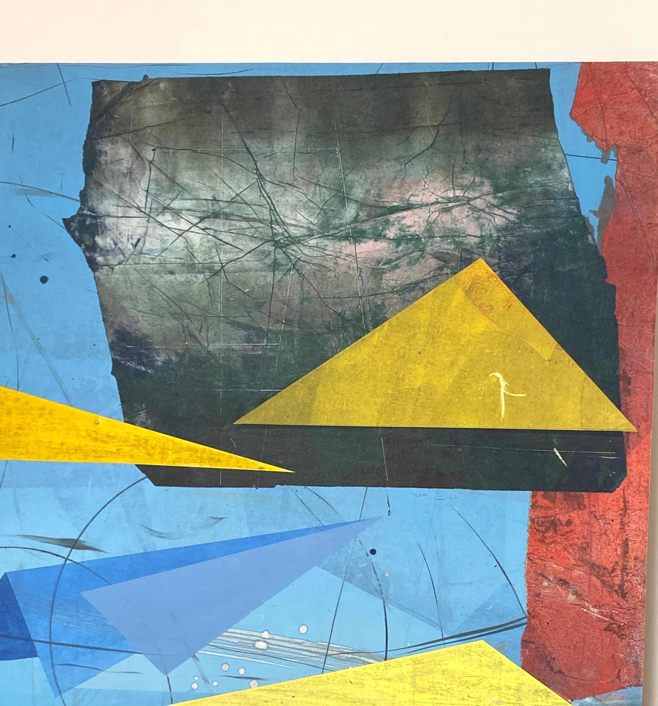In this geometric abstract painting in acrylic on paper on linen mounted on panel, hard edge shapes in shades of blue, black, red and yellow are colorful and vibrant against a sky blue background. The angles and soft gradation of color in the