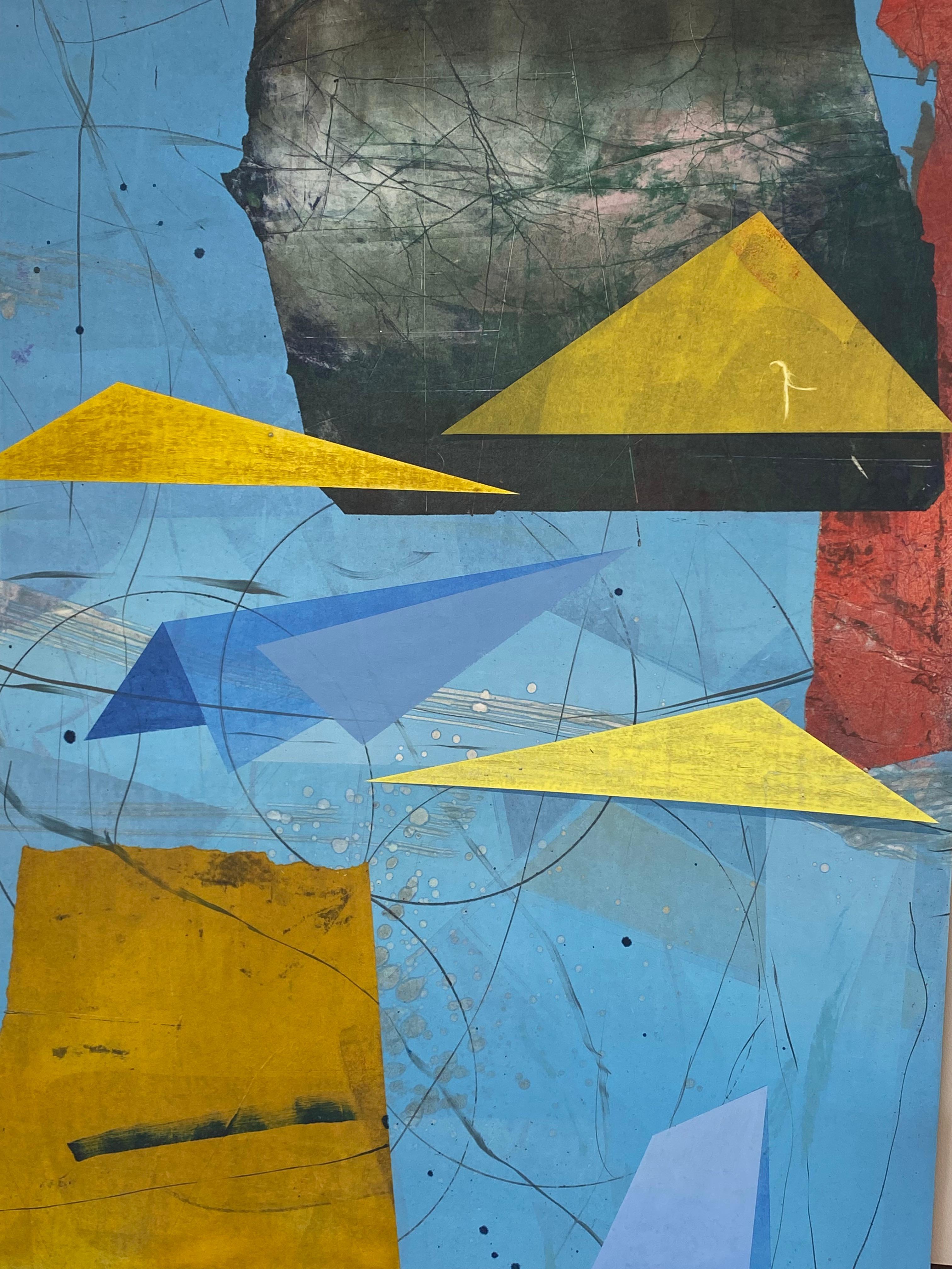 The Visitors - Geometric Abstract Triangles Sky Blue Yellow Red Shapes, 2022 in vendita 2