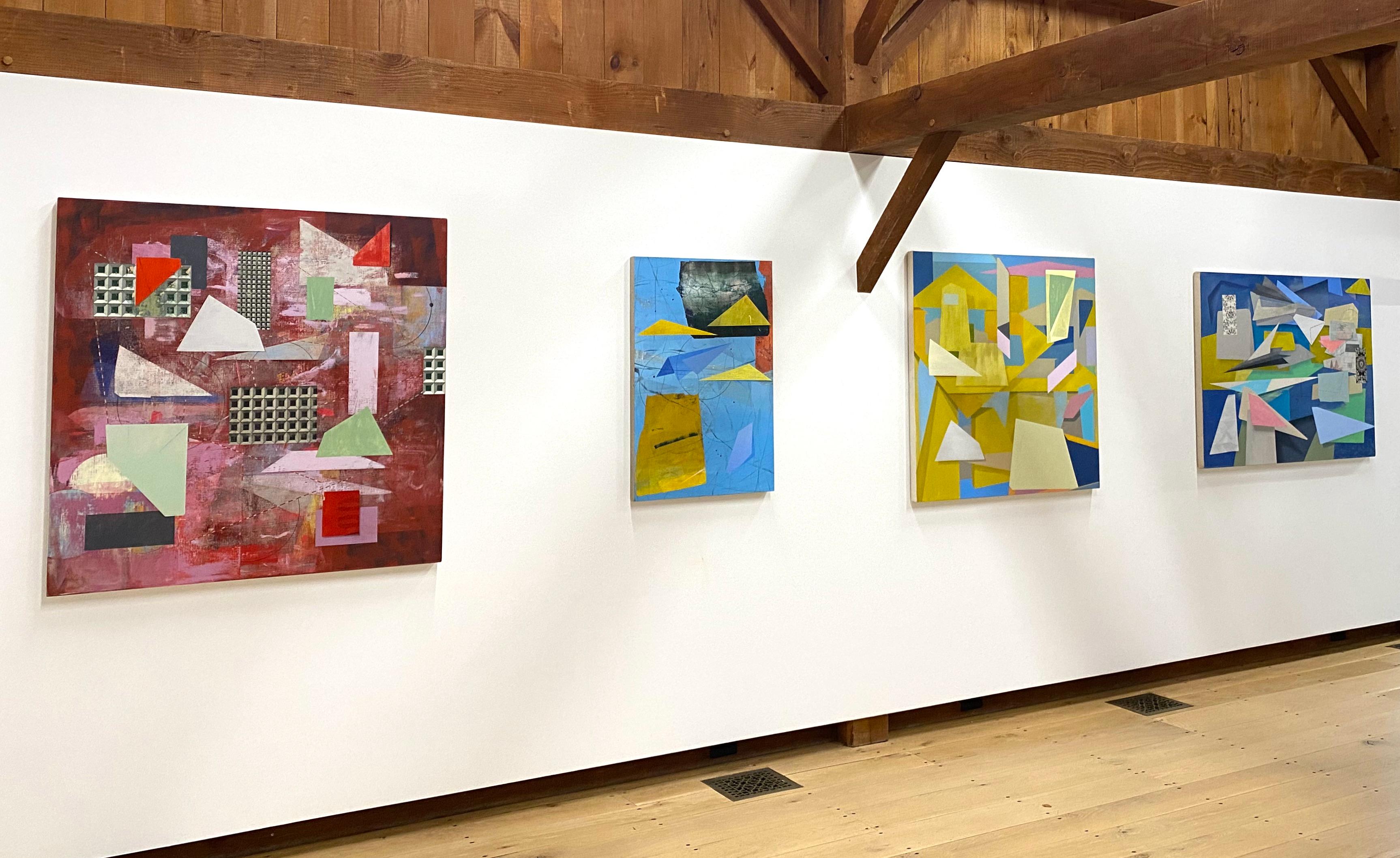 The Visitors, Sky Blue, Yellow, Black, Red Formes géométriques abstraites, Triangles - Contemporain Painting par David Collins