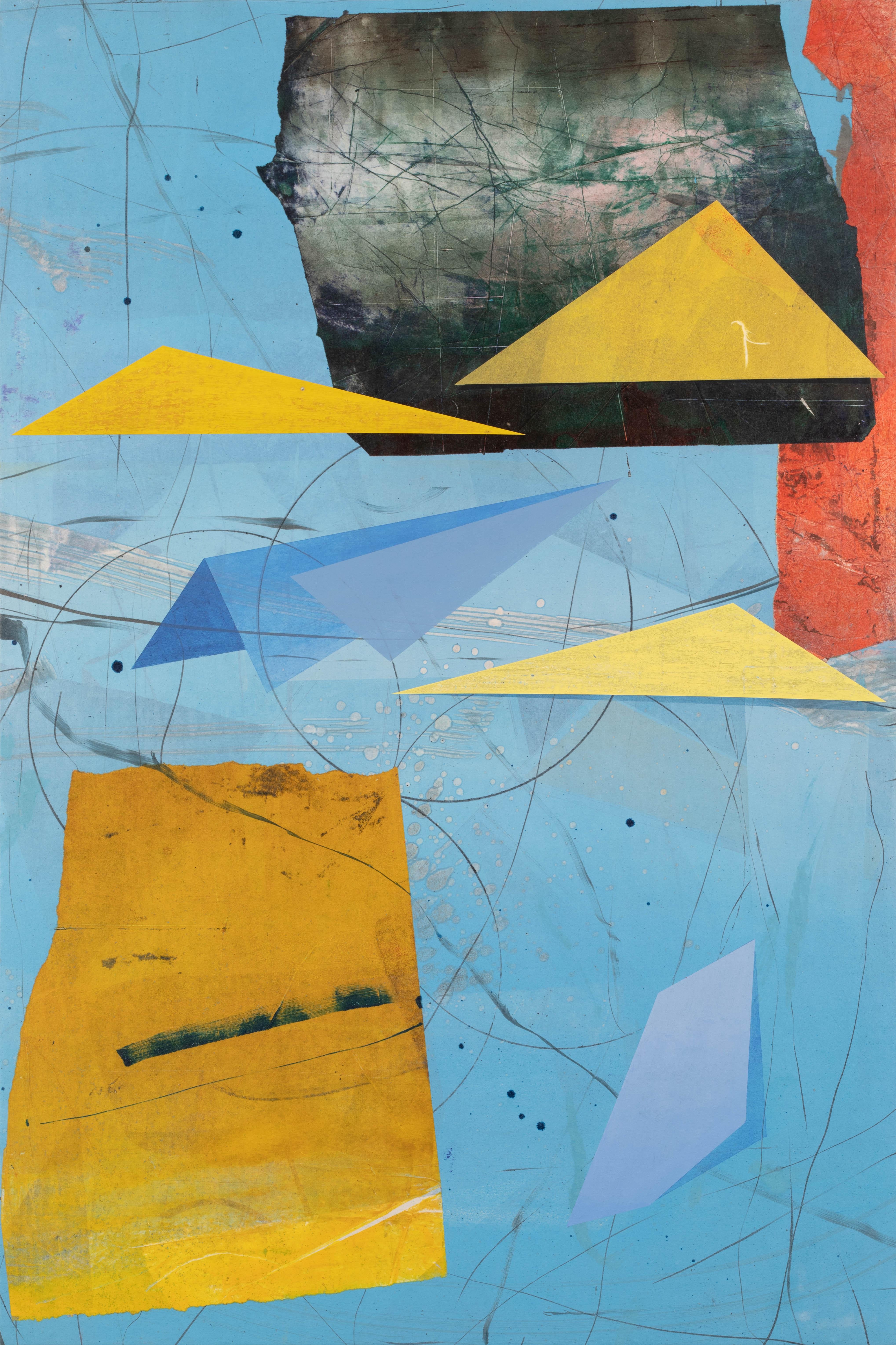 David Collins Abstract Painting – The Visitors, Himmelblau, Gelb, Schwarz, Rot Geometrische abstrakte Formen, Dreiecke