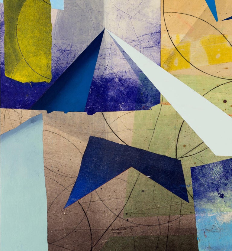 Transfer Meridian Three, Vertical Abstract Geometric Painting, Blue, Yellow For Sale 5