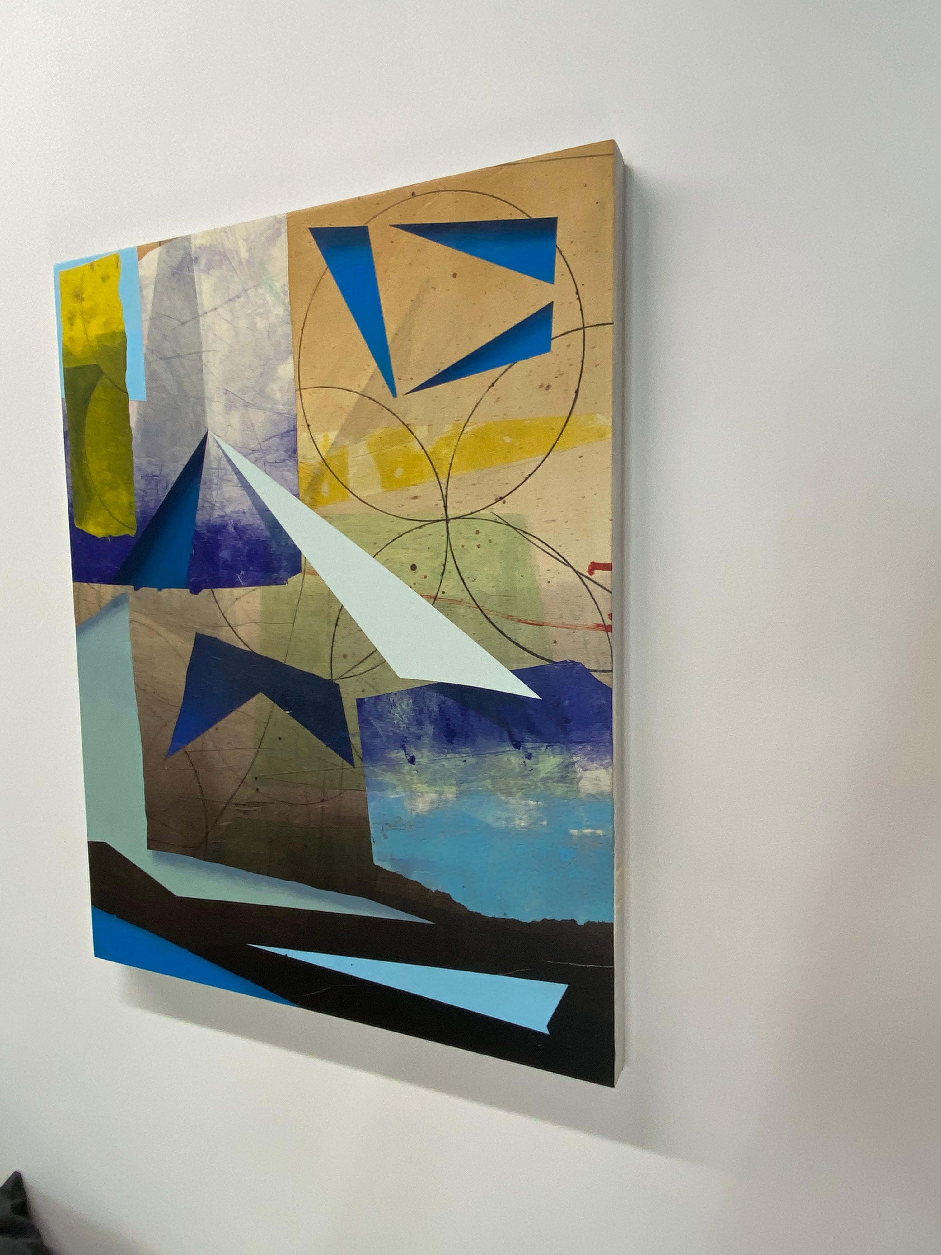 In this vertical, abstract painting in acrylic on paper on linen mounted on panel by David Collins, geometric shapes in shades of dark indigo, navy and light sky blue, soft sage green, and bright yellow are colorful and vibrant. The angles and soft