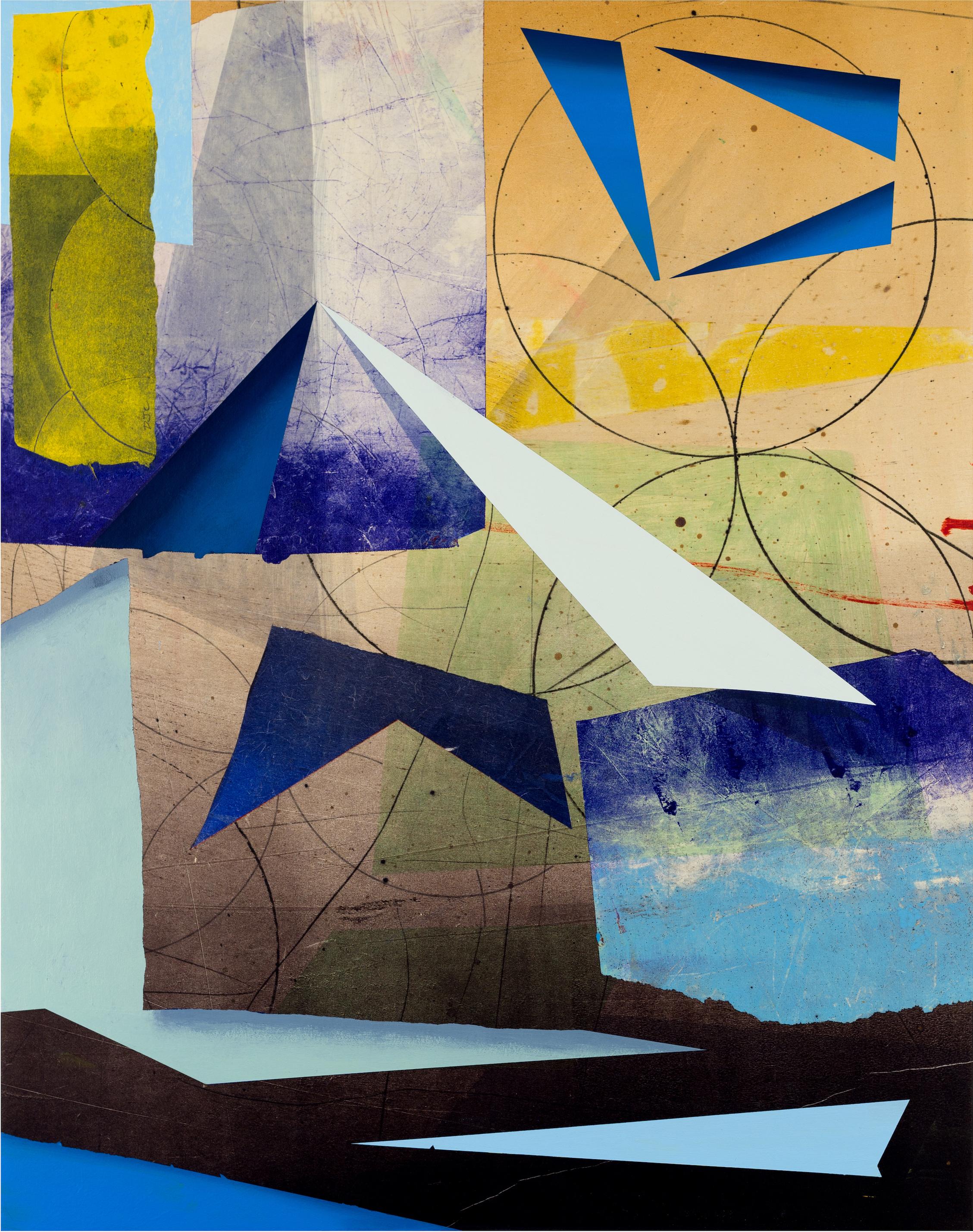David Collins Abstract Painting - Transit Meridian Three, Vertical Abstract Geometric Painting, Blue, Yellow