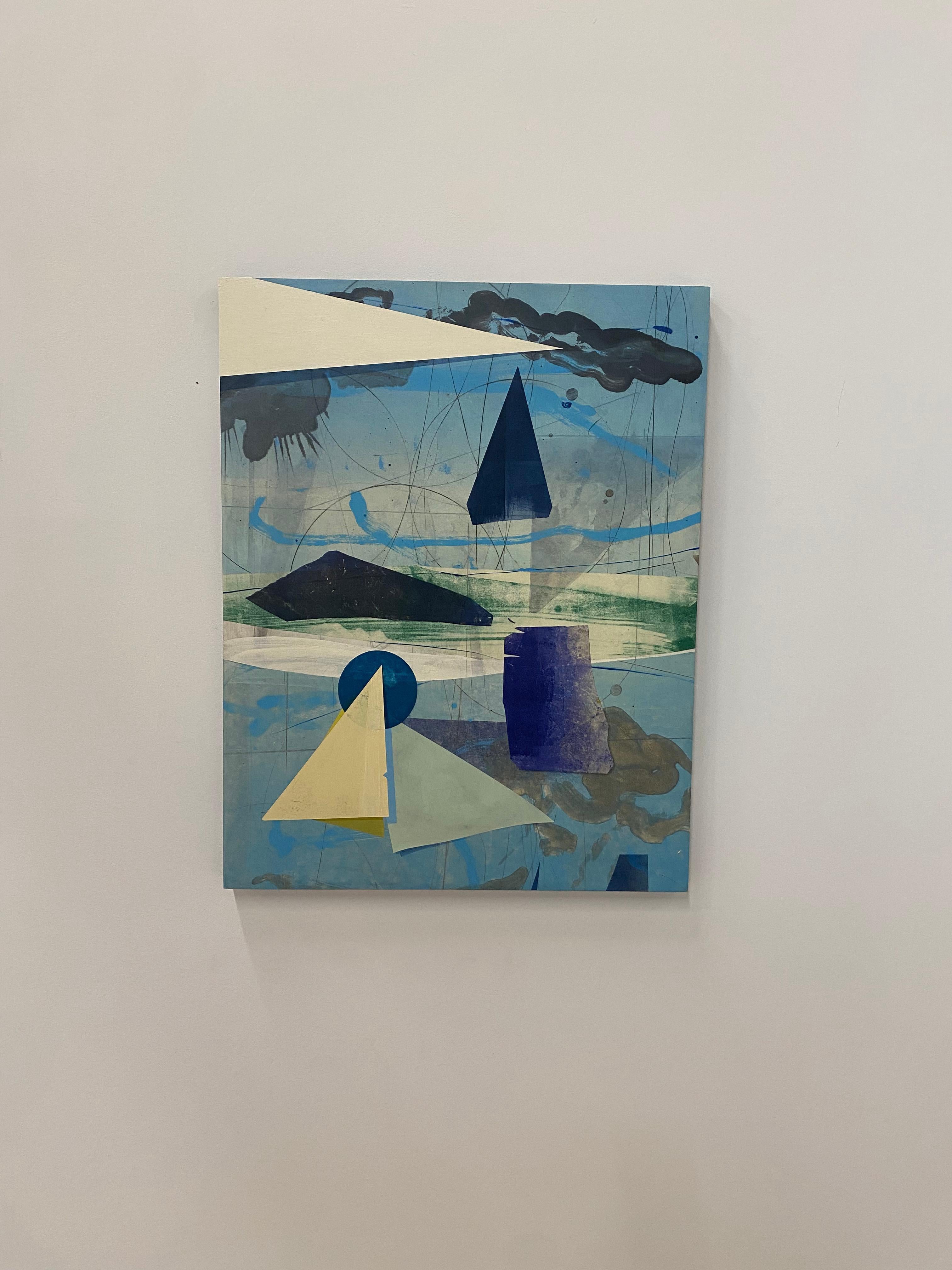 Transit Meridian One - Pittura astratta geometrica blu verde viola, 2020 - Painting di David Collins