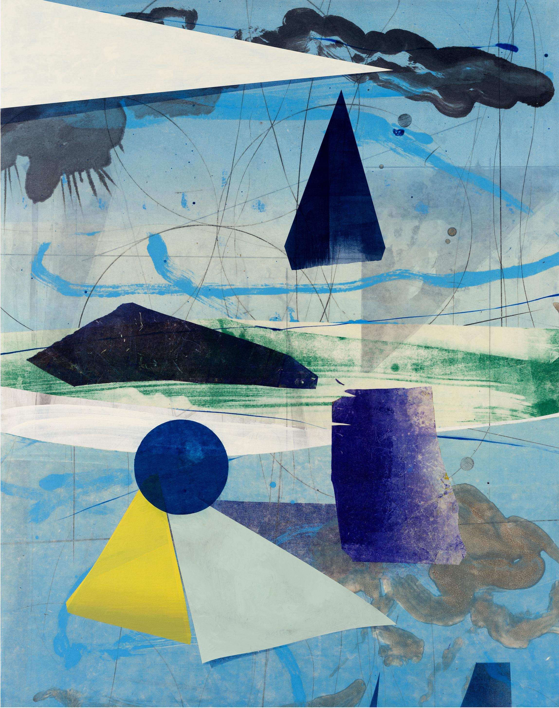 Transit Meridian One, Blau, Grün, Gelb, Violett Geometrisches Abstraktes Gemälde