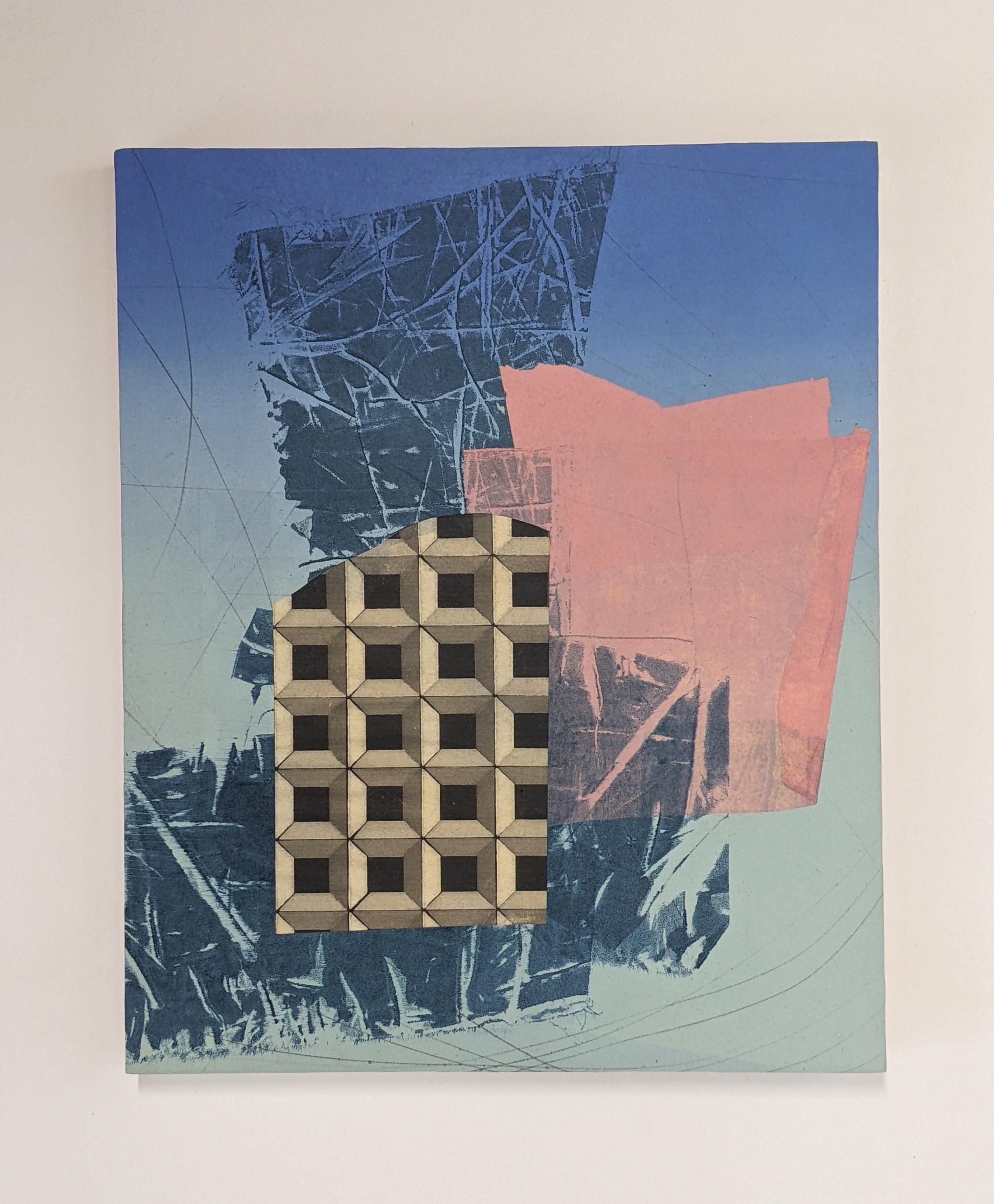 Tripletta, Beige, Marrone chiaro, Blu, Salmone, Griglia, Astratto geometrico - Painting di David Collins