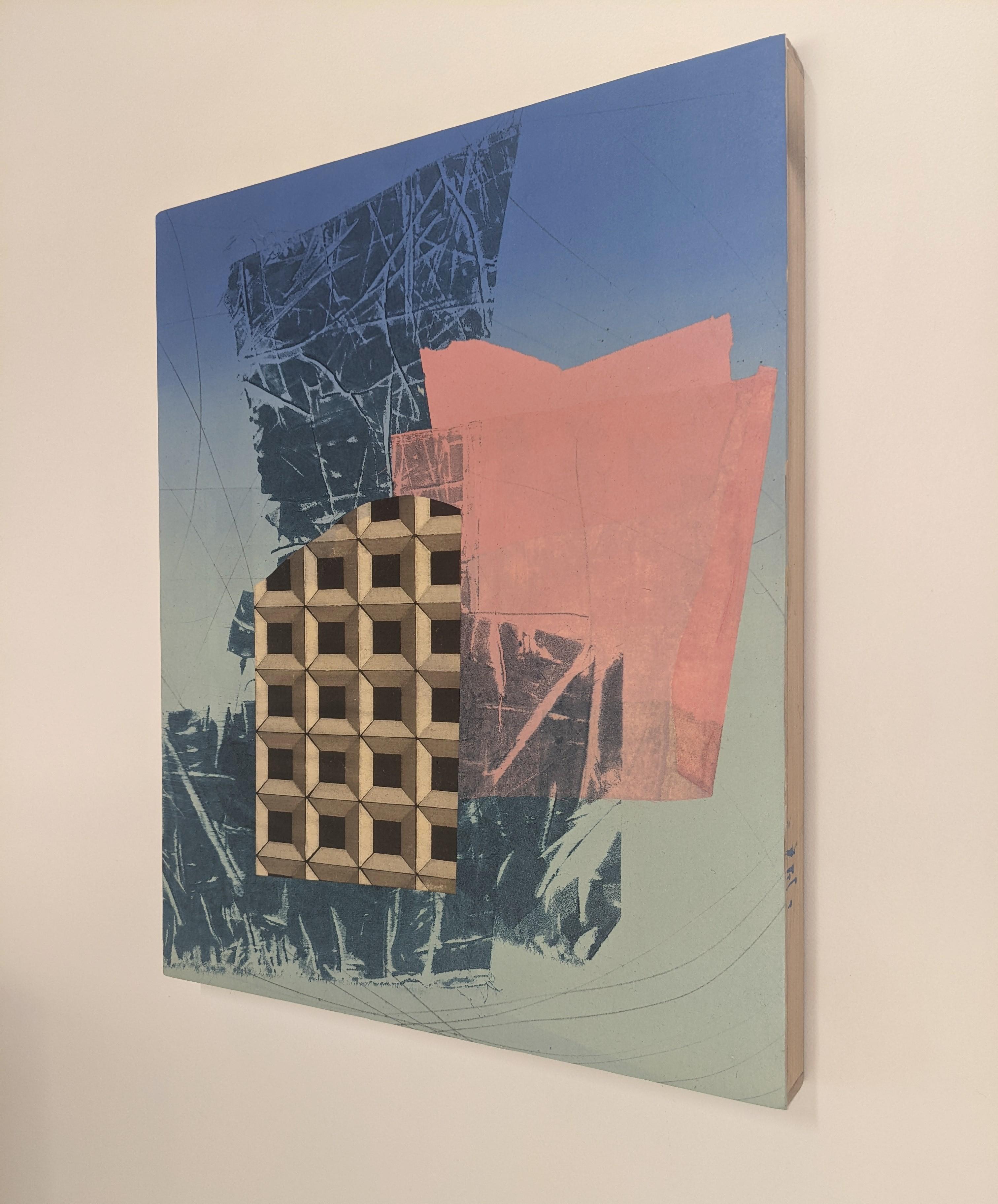 Una forma ovale in un motivo geometrico a griglia in nero e delicate linee circolari in nero e grigio scuro sono dinamiche su uno sfondo beige neutro in questo dipinto astratto in acrilico e olio su carta montato su pannello di David Collins. Le