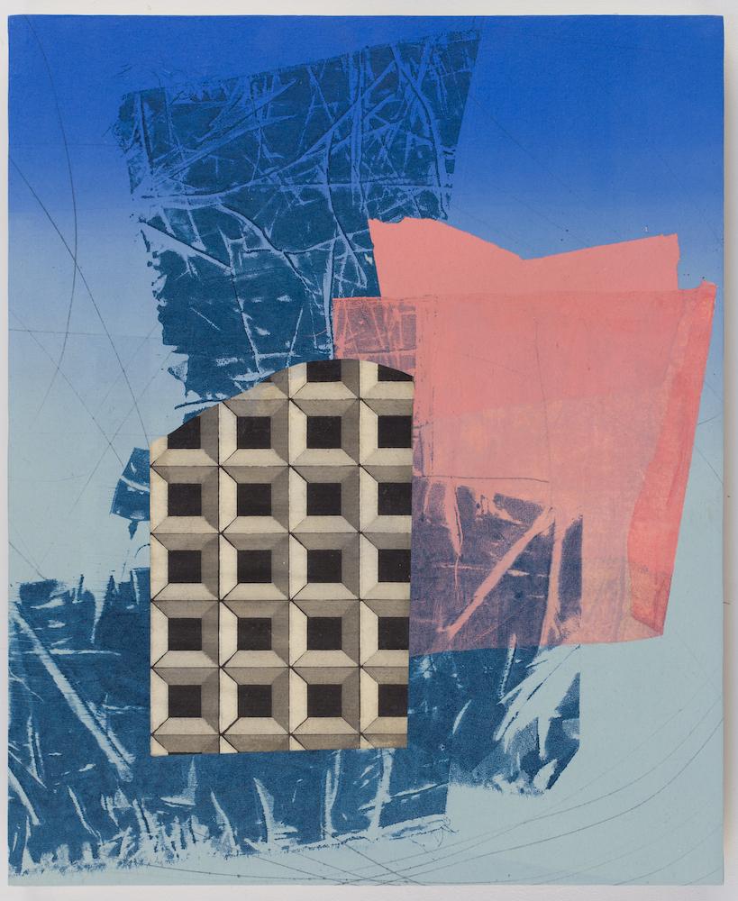 David Collins Abstract Painting - Triplet, blue and pink geometric abstraction, mixed media on paper on panel