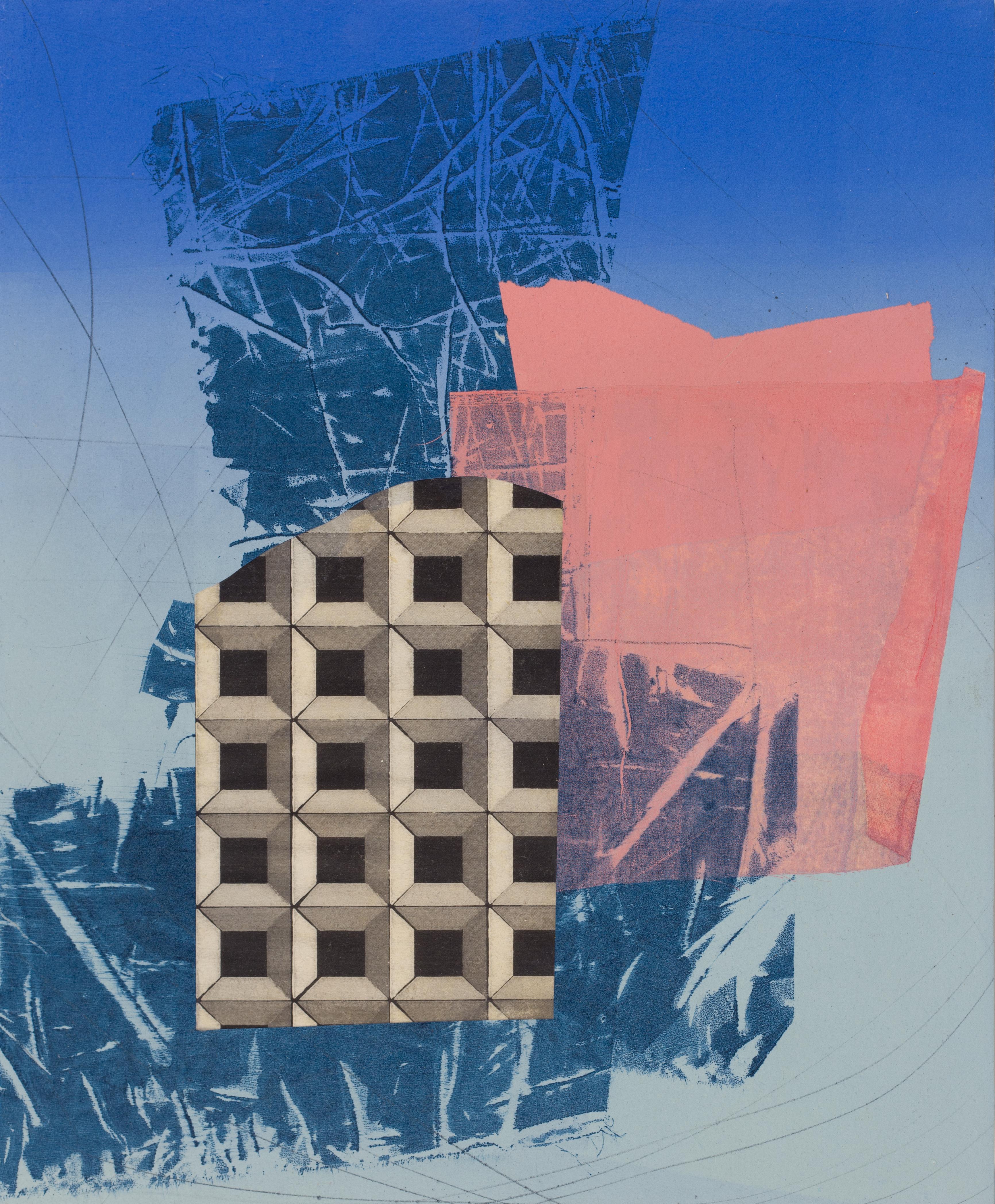 Abstract Painting David Collins - Triplet, peinture abstraite géométrique, beige, brun clair, bleu, saumon, grille